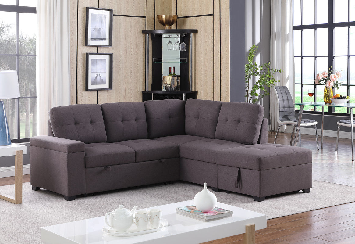 Katie 87.75" Brown Linen Sleeper Sectional Sofa with Storage Ottoman, Storage Arm-Sleeper Sectionals-American Furniture Outlet