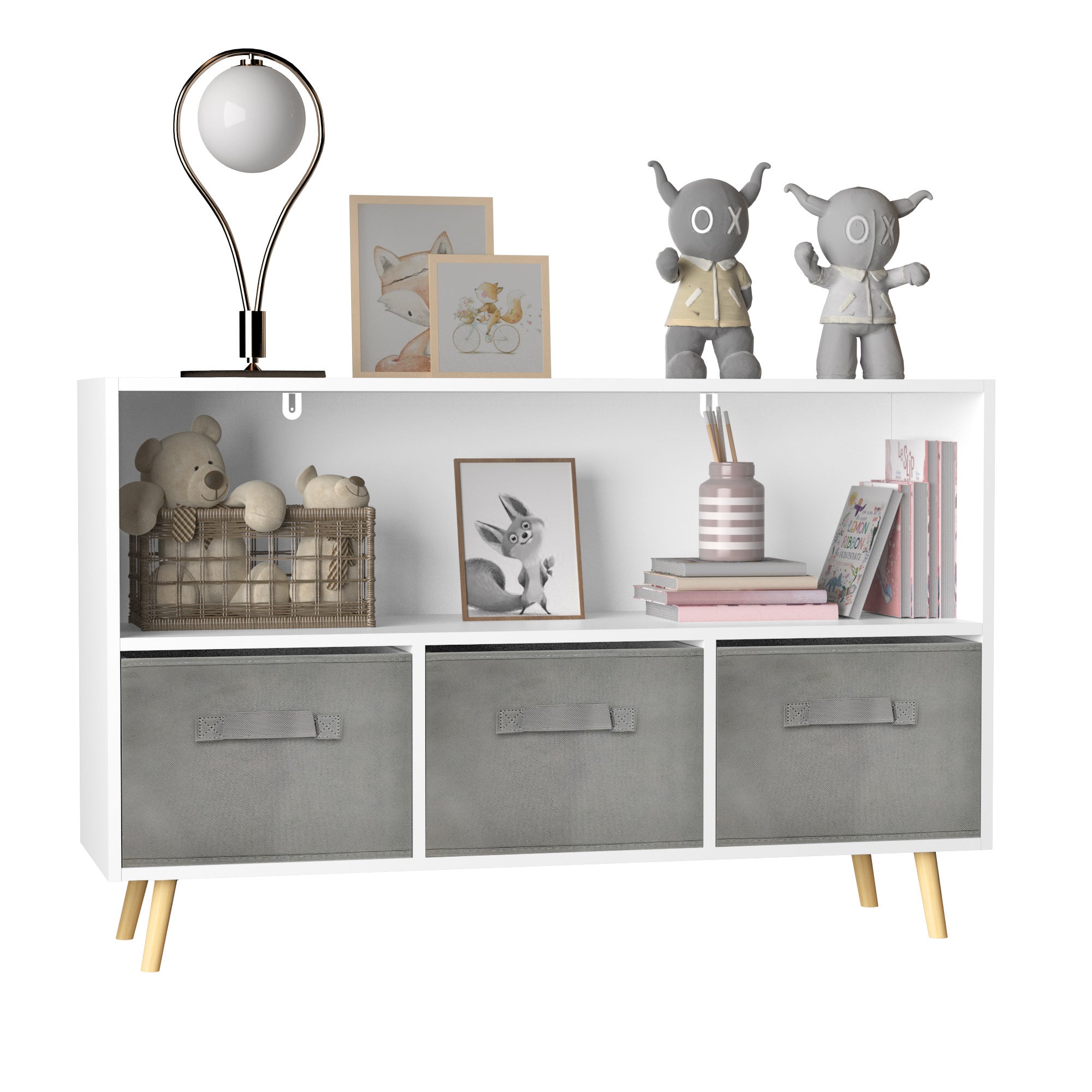 Kids Bookcase: Collapsible Drawers, Book Display, Toy Storage - White/Gray