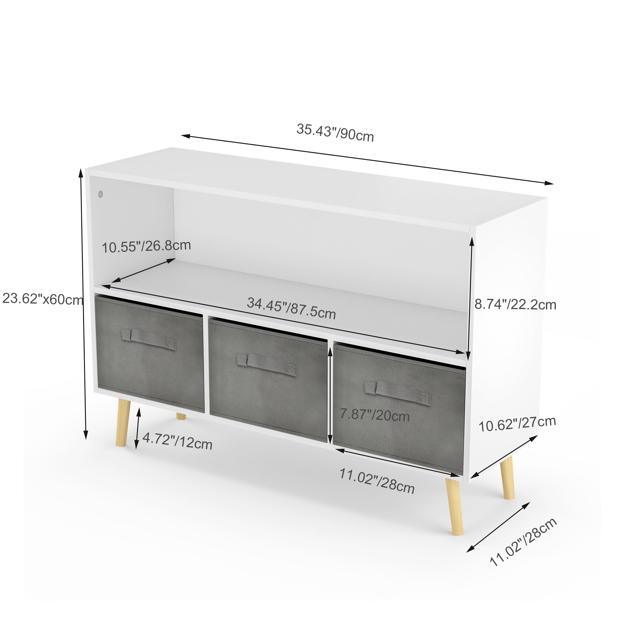 Kids Bookcase: Collapsible Drawers, Book Display, Toy Storage - White/Gray