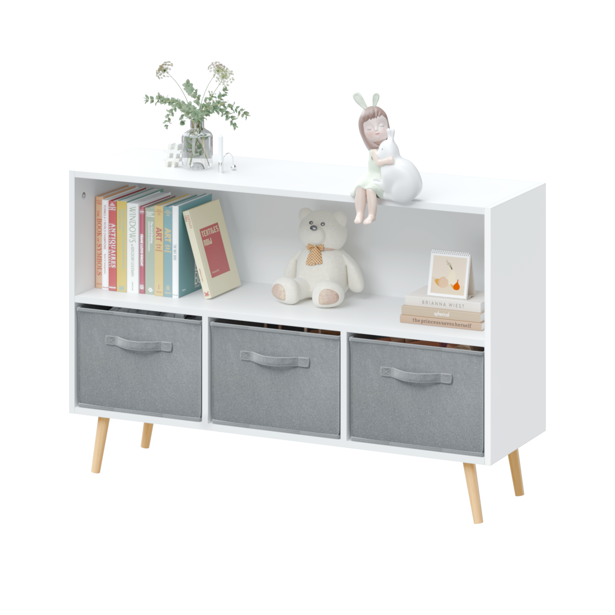 Kids Bookcase: Collapsible Drawers, Book Display, Toy Storage - White/Gray