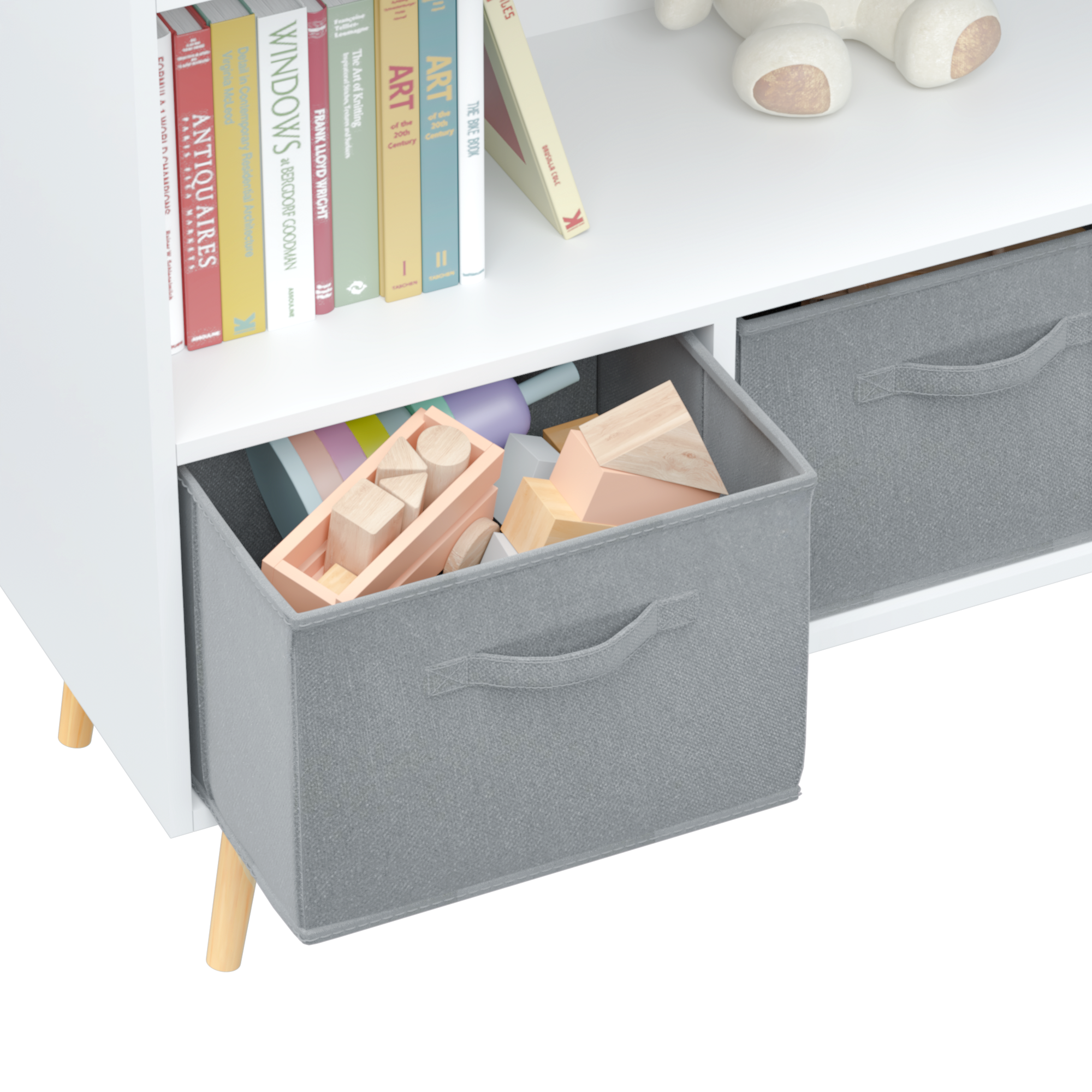 Kids Bookcase: Collapsible Drawers, Book Display, Toy Storage - White/Gray