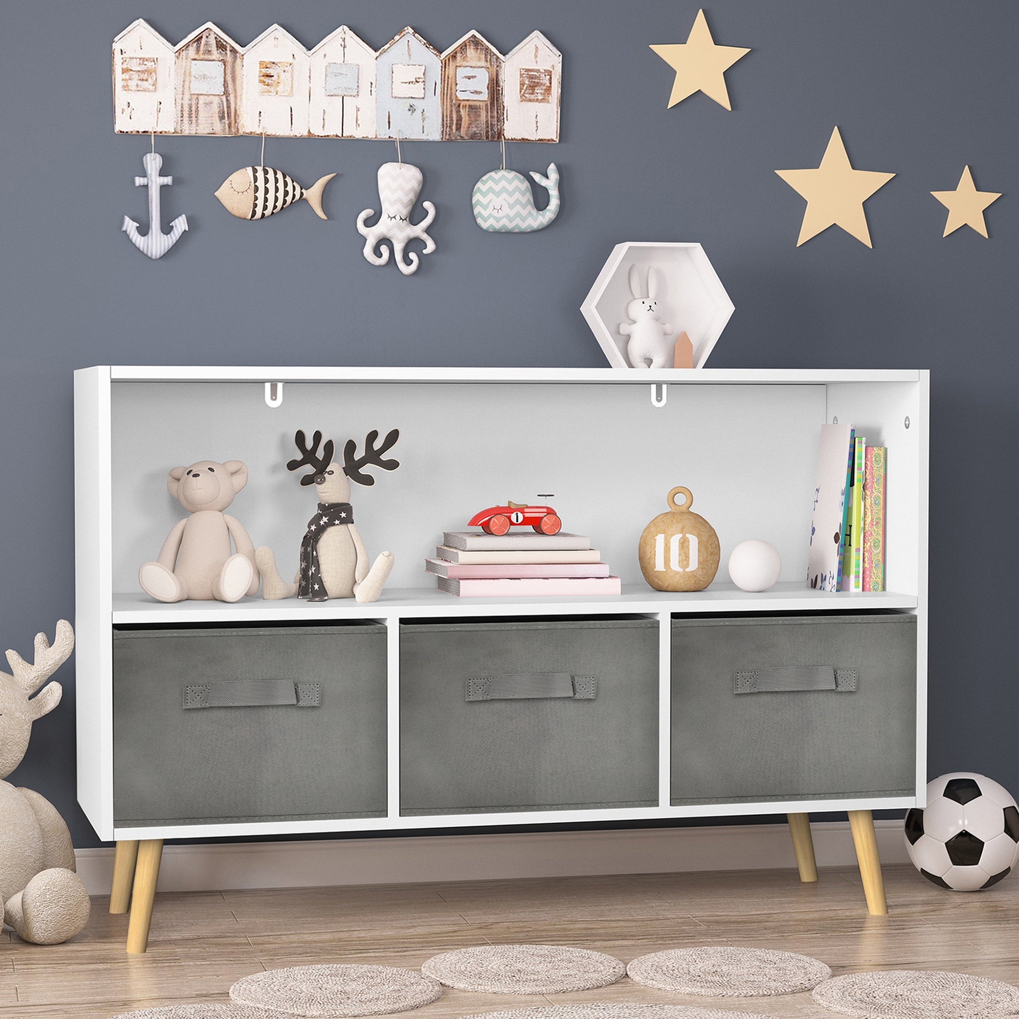 Kids Bookcase: Collapsible Drawers, Book Display, Toy Storage - White/Gray