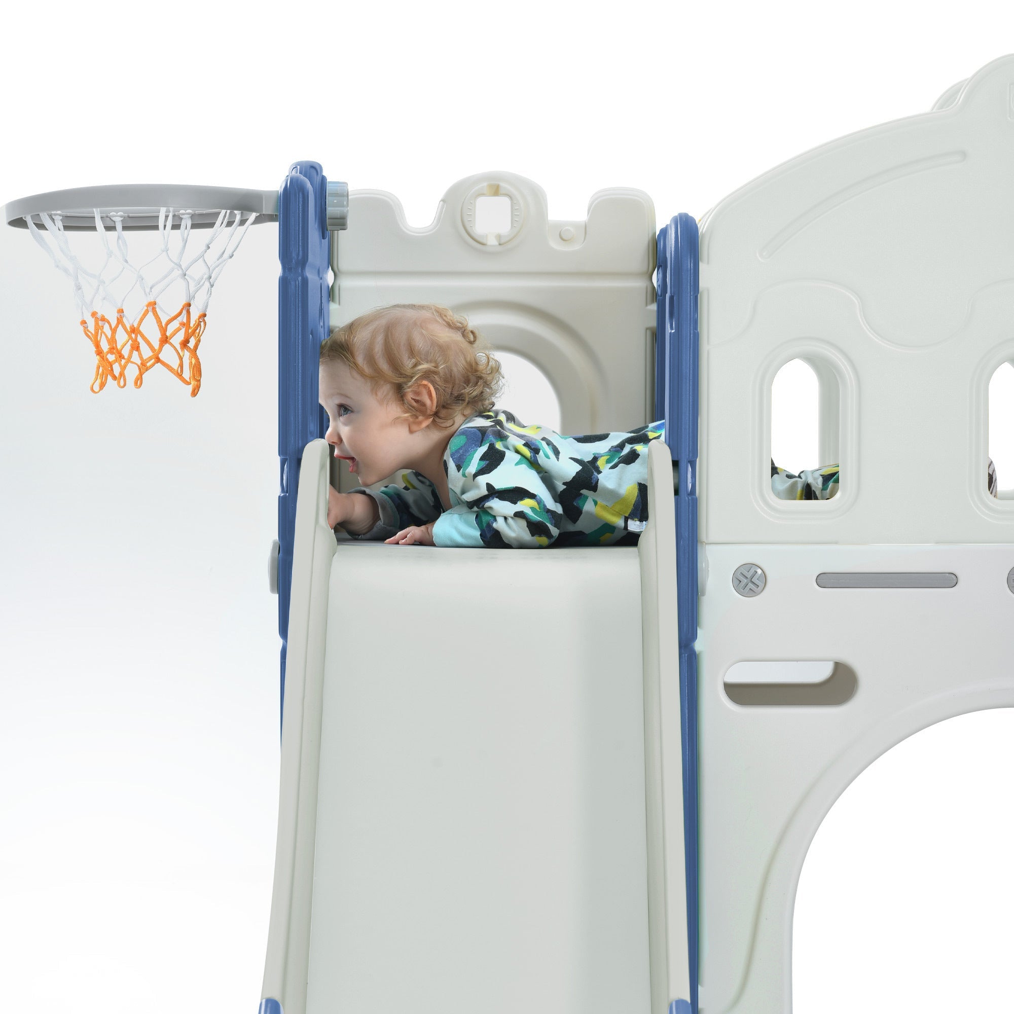 Kids Slide Playset: Castle Climber with Basketball Hoop - Indoor/Outdoor Blue