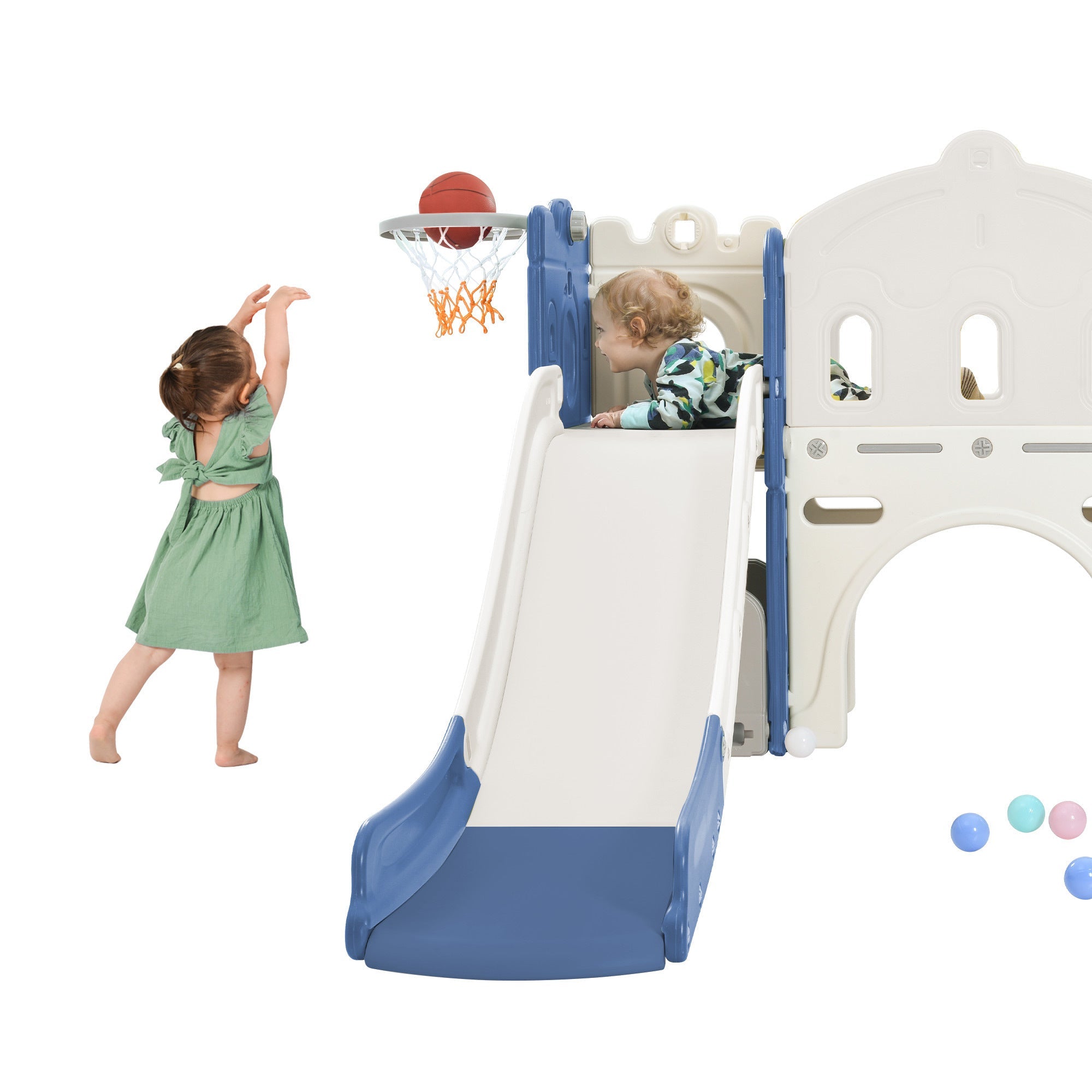 Kids Slide Playset: Castle Climber with Basketball Hoop - Indoor/Outdoor Blue