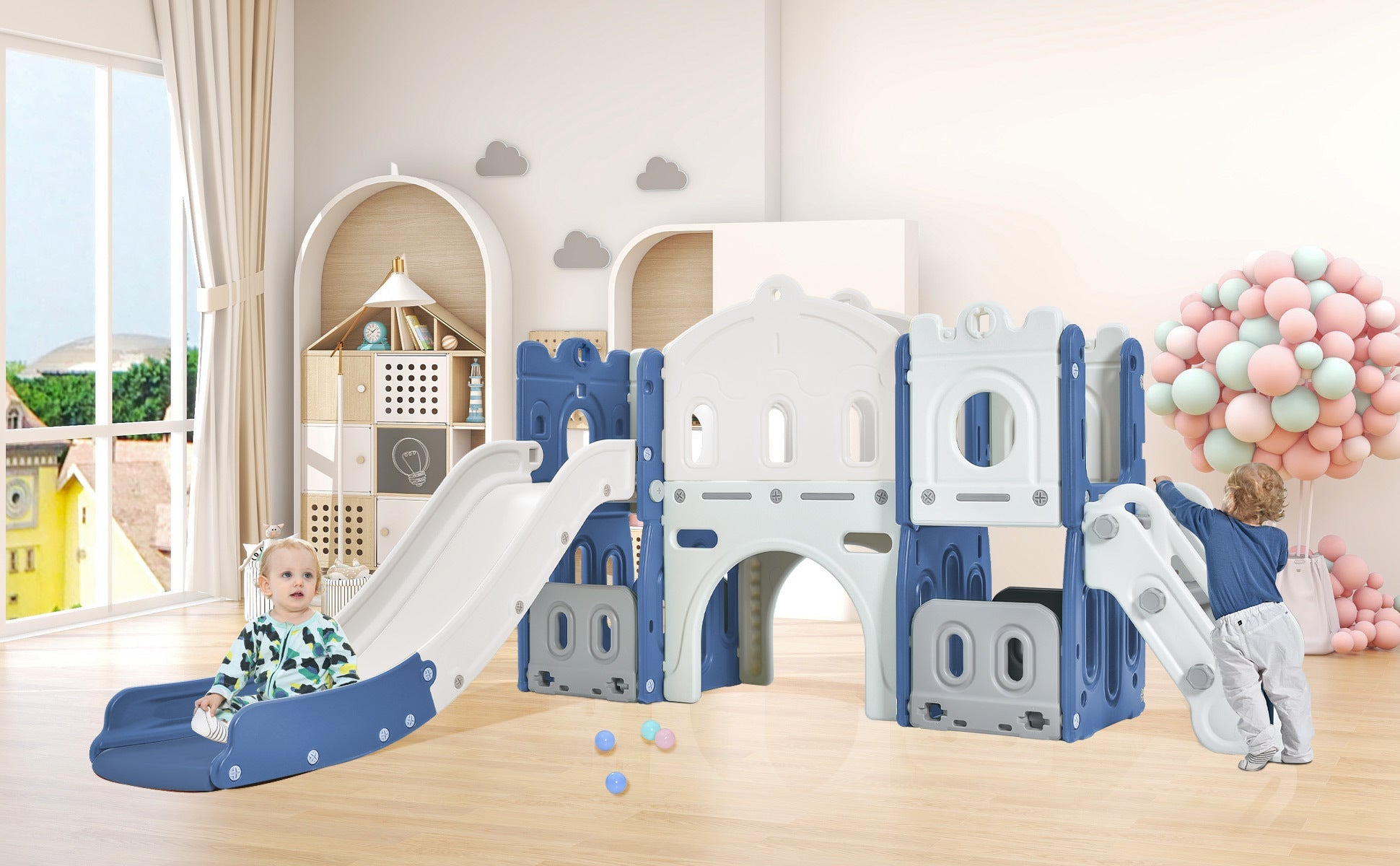 Kids Slide Playset: Castle Climber with Basketball Hoop - Indoor/Outdoor Blue