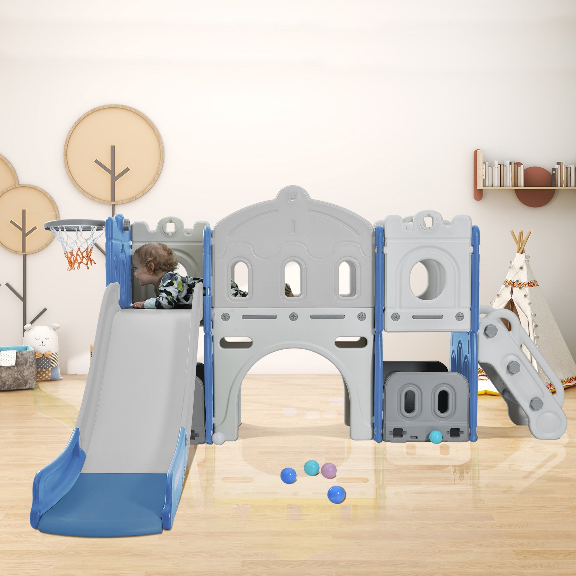 Kids Slide Playset: Castle Climber with Basketball Hoop - Indoor/Outdoor Blue