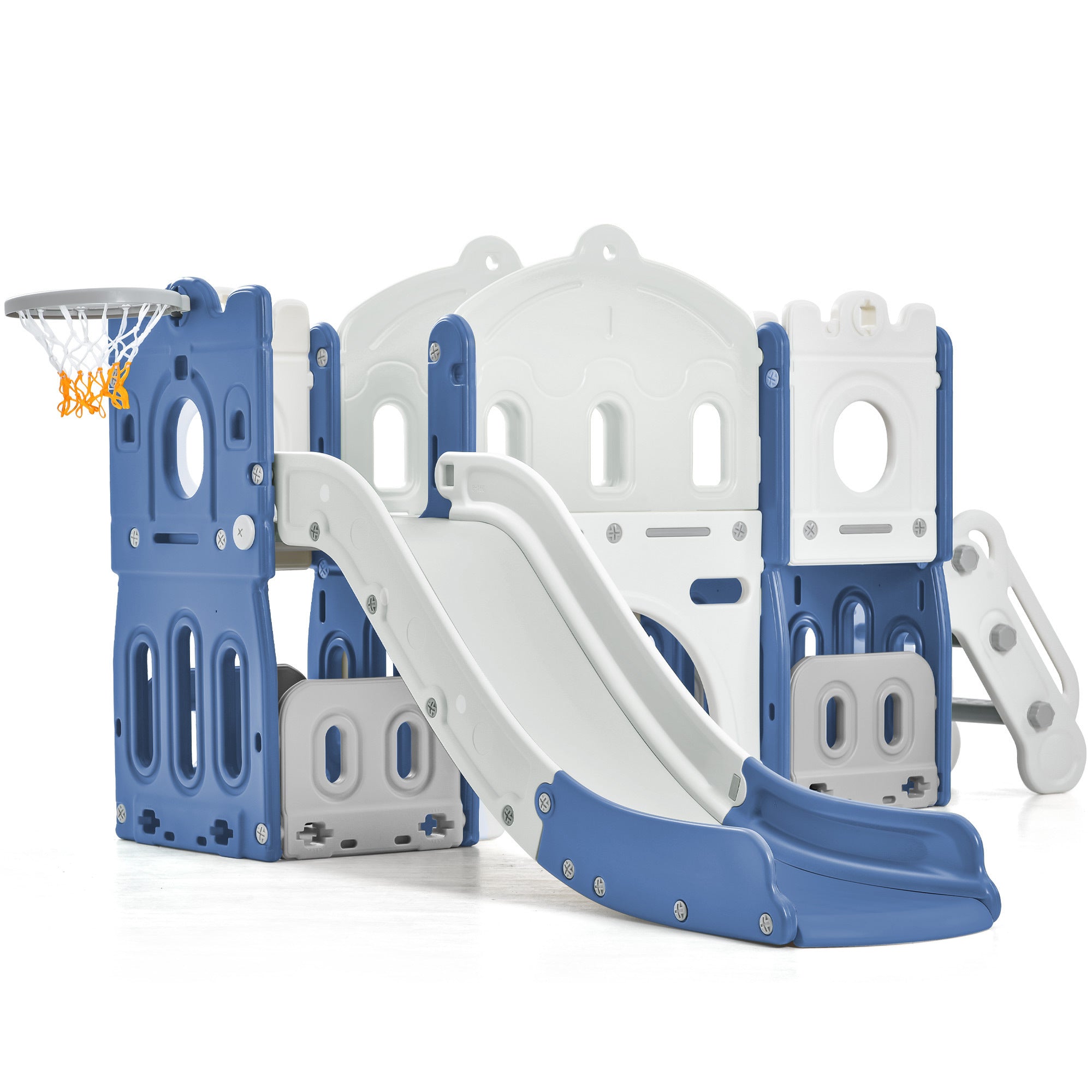 Kids Slide Playset: Castle Climber with Basketball Hoop - Indoor/Outdoor Blue