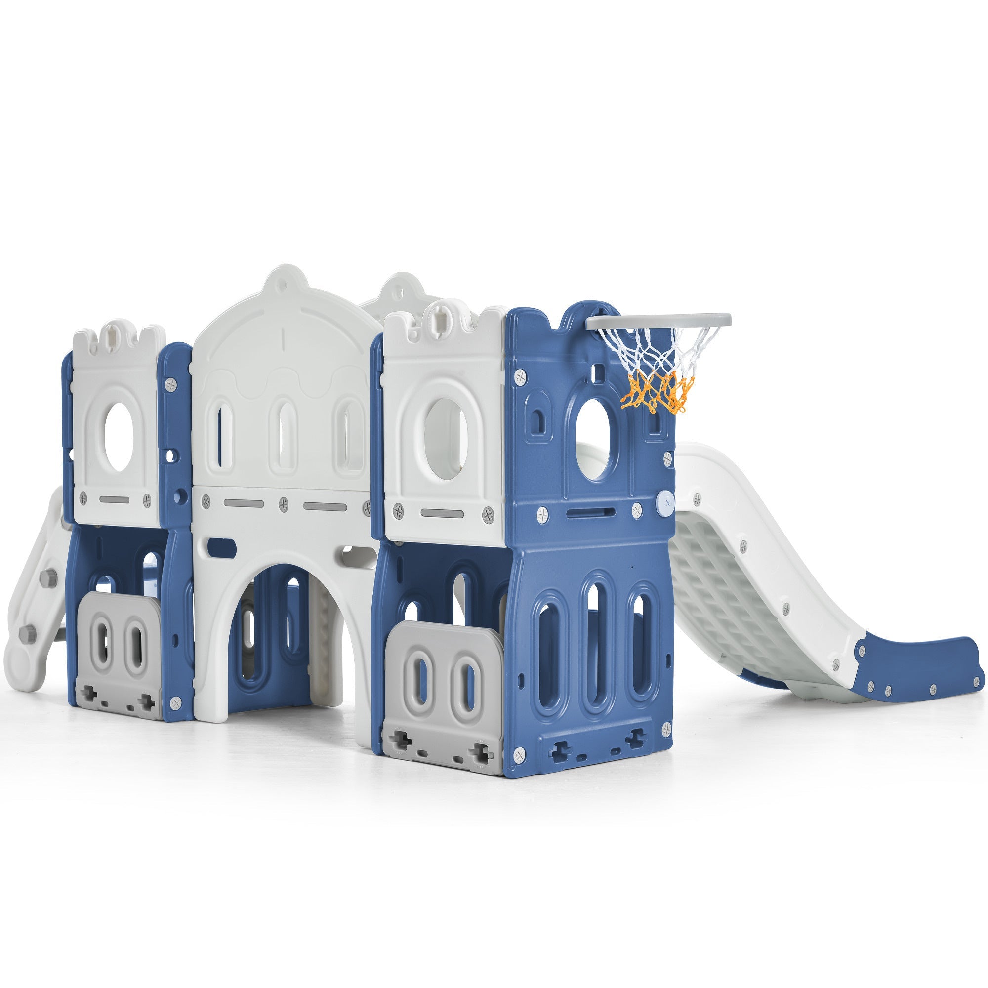 Kids Slide Playset: Castle Climber with Basketball Hoop - Indoor/Outdoor Blue