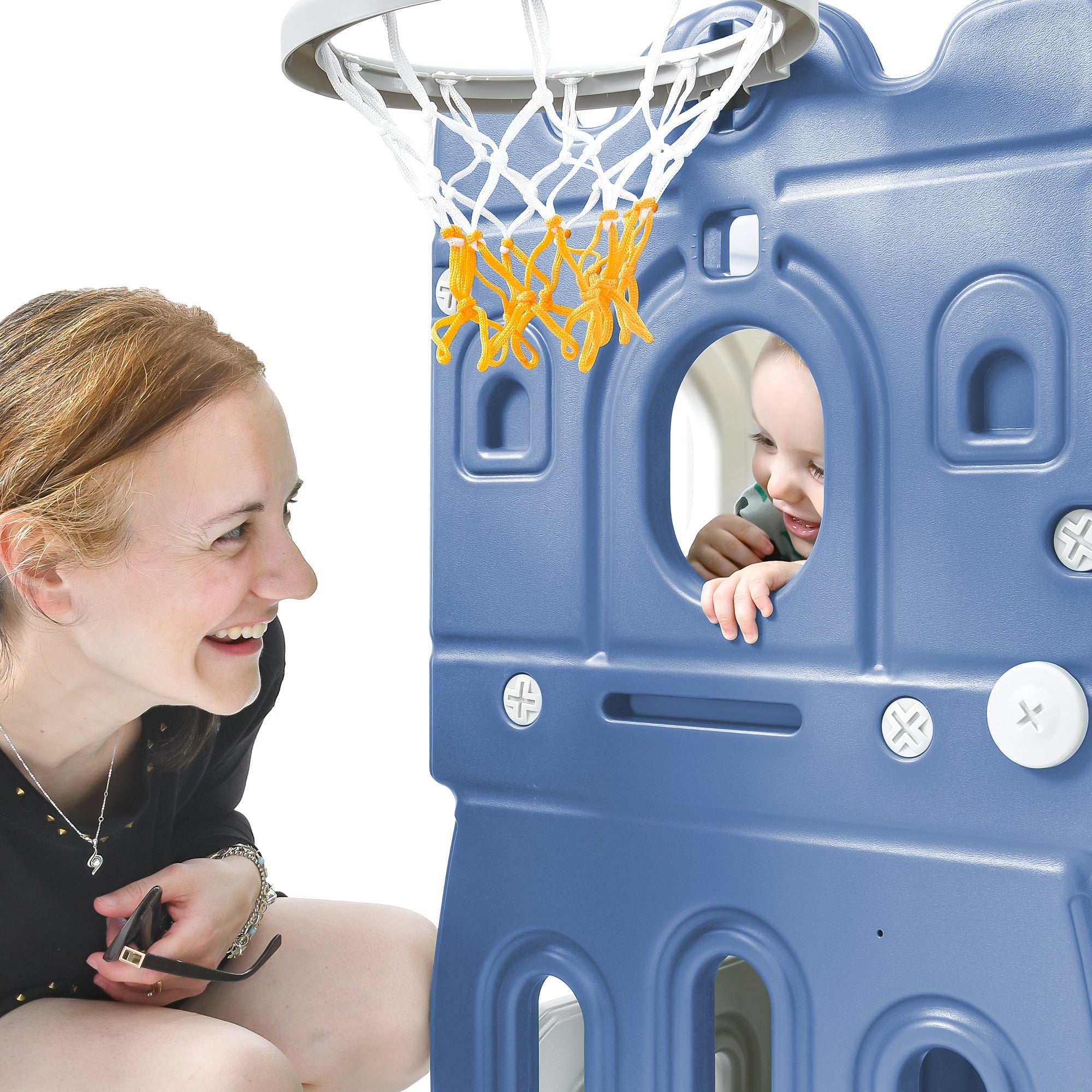 Kids Slide Playset: Castle Climber with Basketball Hoop - Indoor/Outdoor Blue