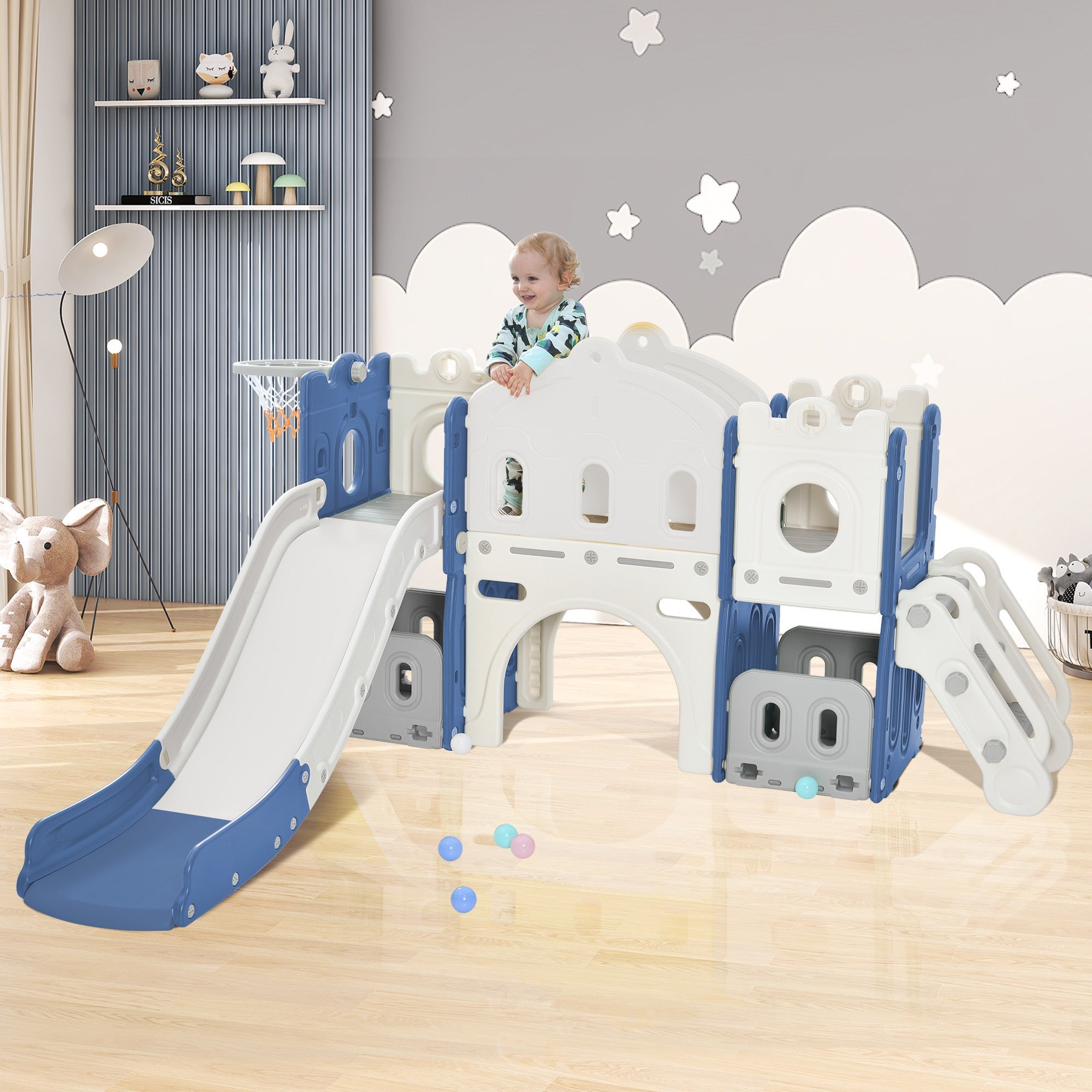 Kids Slide Playset: Castle Climber with Basketball Hoop - Indoor/Outdoor Blue