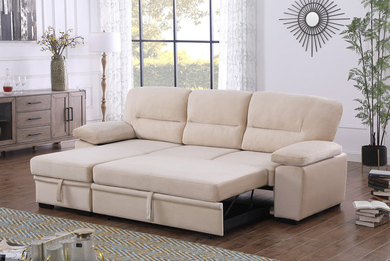 Kipling 97.5" Beige Velvet Reversible Sleeper Sectional Sofa w/ Chaise & Storage-Sleeper Sectionals-American Furniture Outlet