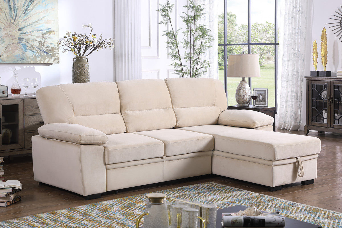 Kipling 97.5" Beige Velvet Reversible Sleeper Sectional Sofa w/ Chaise & Storage-Sleeper Sectionals-American Furniture Outlet