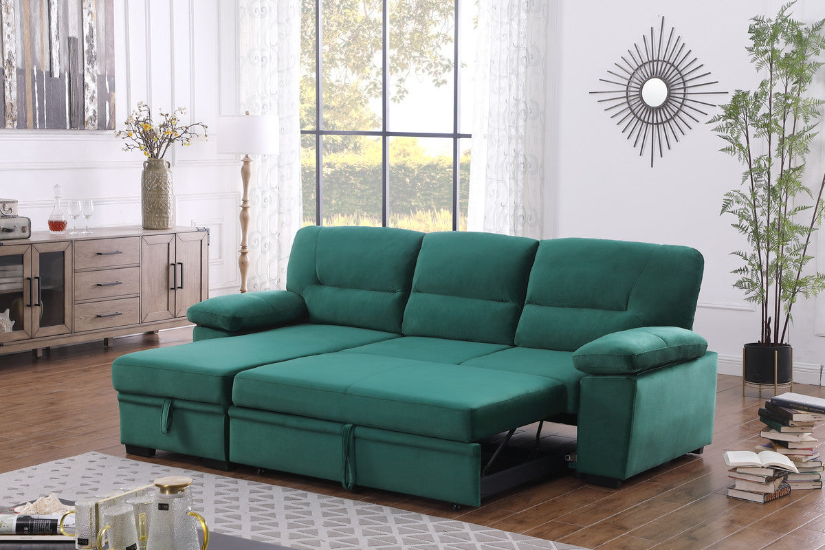 Kipling 97.5" Green Velvet Reversible Sleeper Sectional Sofa w/ Chaise & Storage-Sleeper Sectionals-American Furniture Outlet