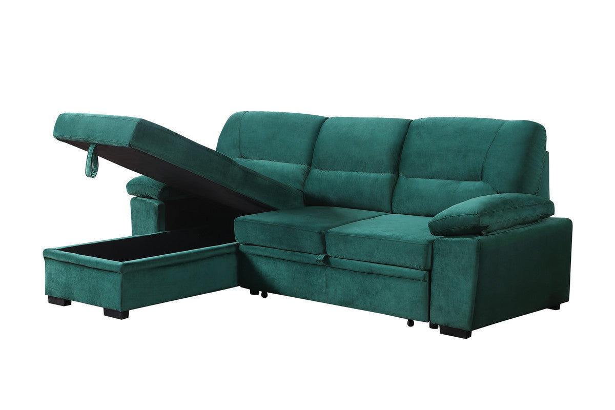 Kipling 97.5" Green Velvet Reversible Sleeper Sectional Sofa w/ Chaise & Storage-Sleeper Sectionals-American Furniture Outlet