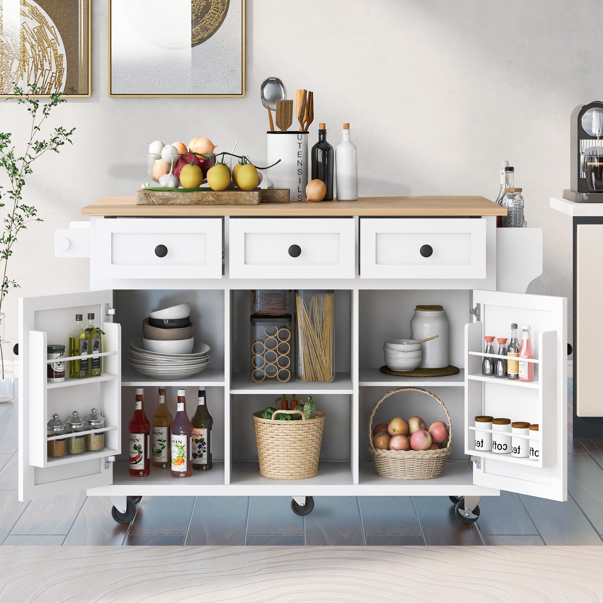 Kitchen Cart with Rubberwood Drop-Leaf Countertop, Cabinet Door Internal Storage Racks, Kitchen Island on 5 Wheels with Storage Cabinet and 3 Drawers for Dining Room - White | Functional and Stylish Addition to Your Dining Space