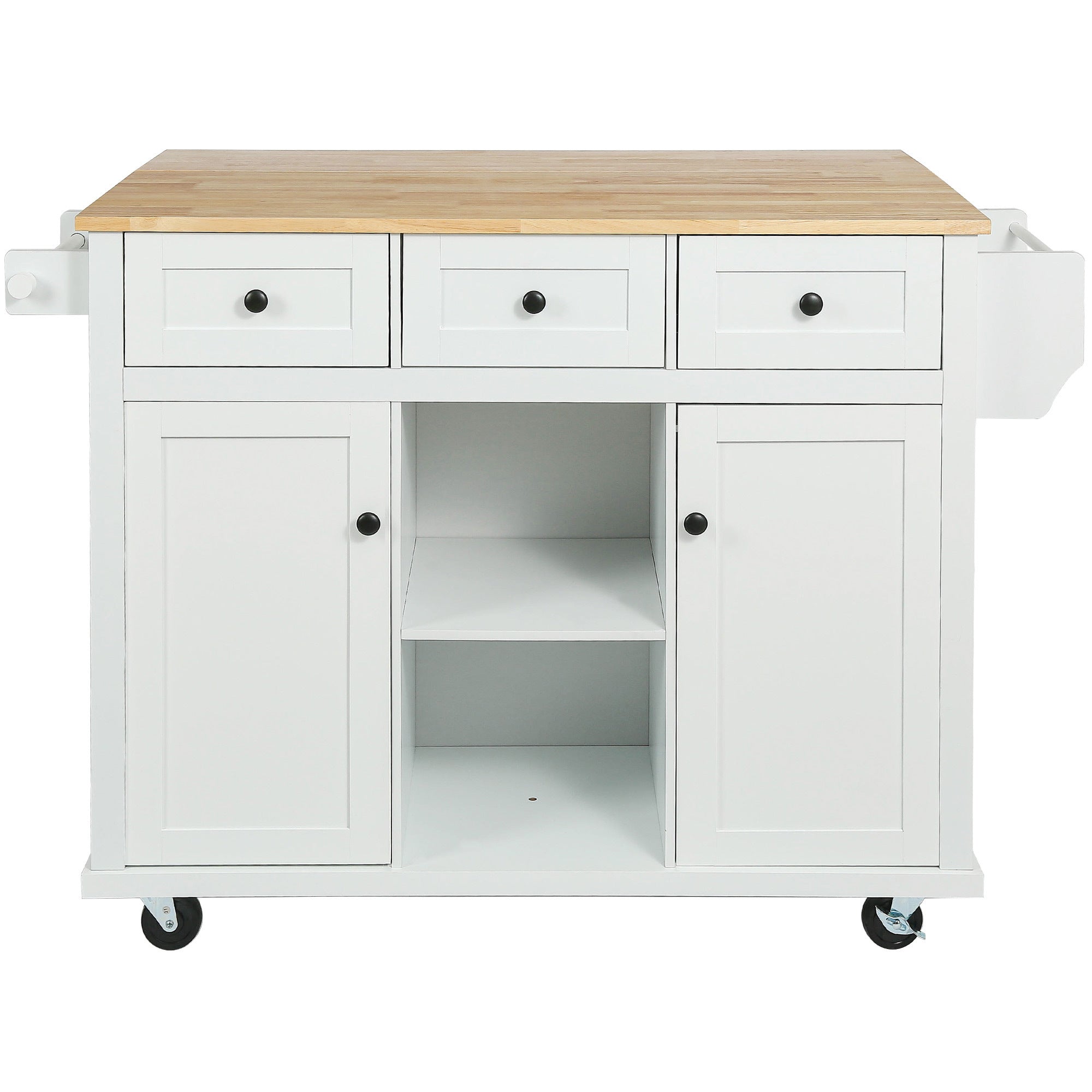 Kitchen Cart with Rubberwood Drop-Leaf Countertop, Cabinet Door Internal Storage Racks, Kitchen Island on 5 Wheels with Storage Cabinet and 3 Drawers for Dining Room - White | Functional and Stylish Addition to Your Dining Space