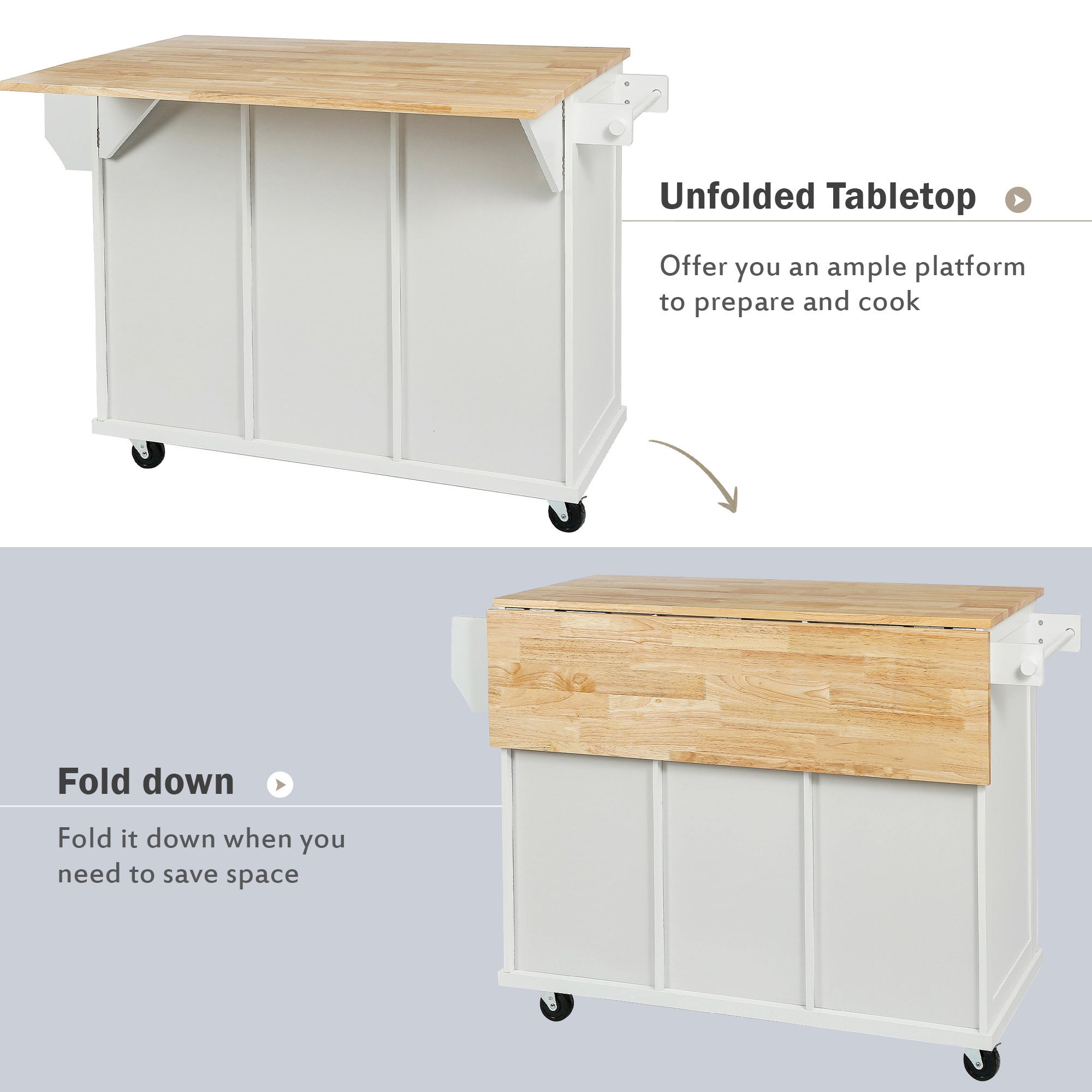 Kitchen Cart with Rubberwood Drop-Leaf Countertop, Cabinet Door Internal Storage Racks, Kitchen Island on 5 Wheels with Storage Cabinet and 3 Drawers for Dining Room - White | Functional and Stylish Addition to Your Dining Space