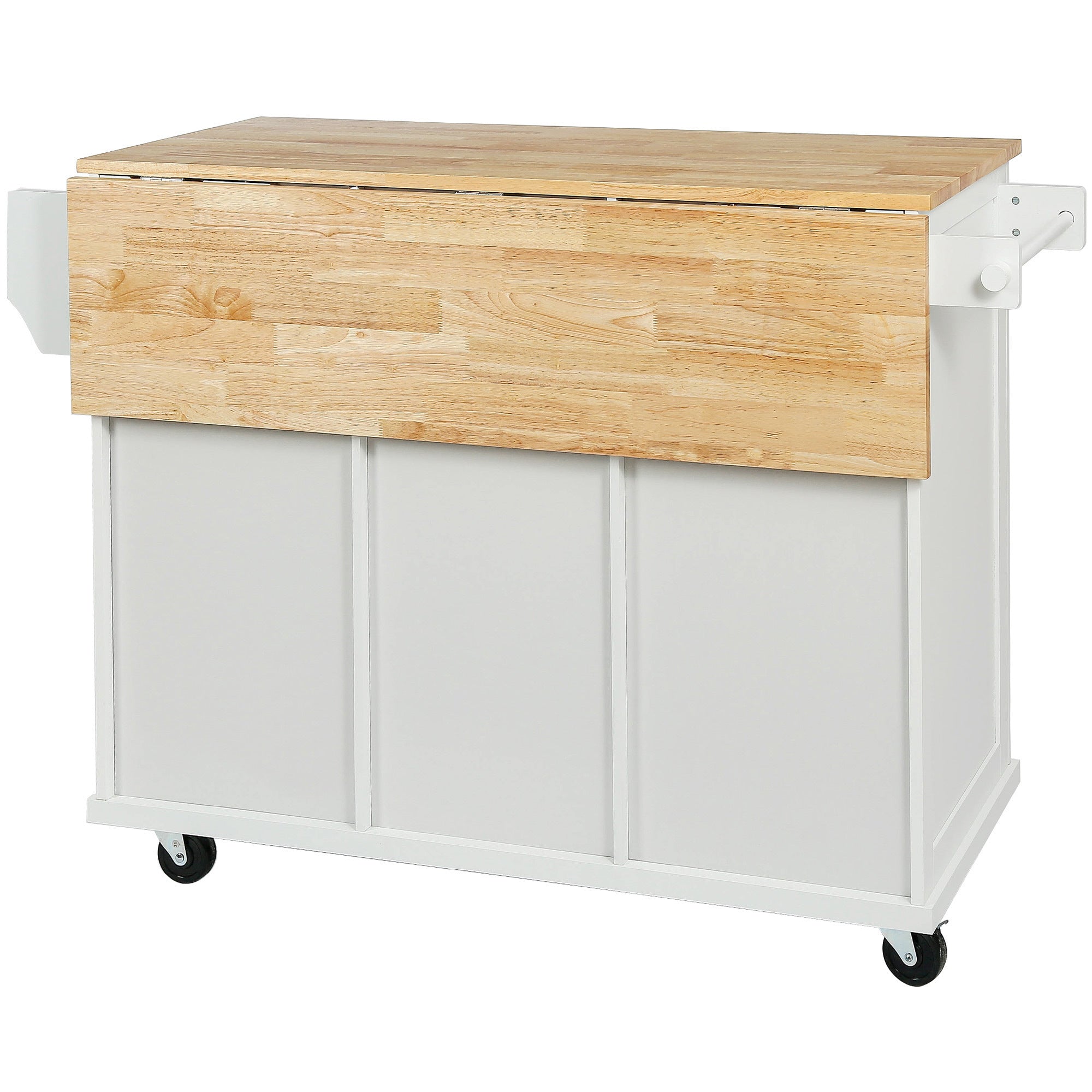 Kitchen Cart with Rubberwood Drop-Leaf Countertop, Cabinet Door Internal Storage Racks, Kitchen Island on 5 Wheels with Storage Cabinet and 3 Drawers for Dining Room - White | Functional and Stylish Addition to Your Dining Space