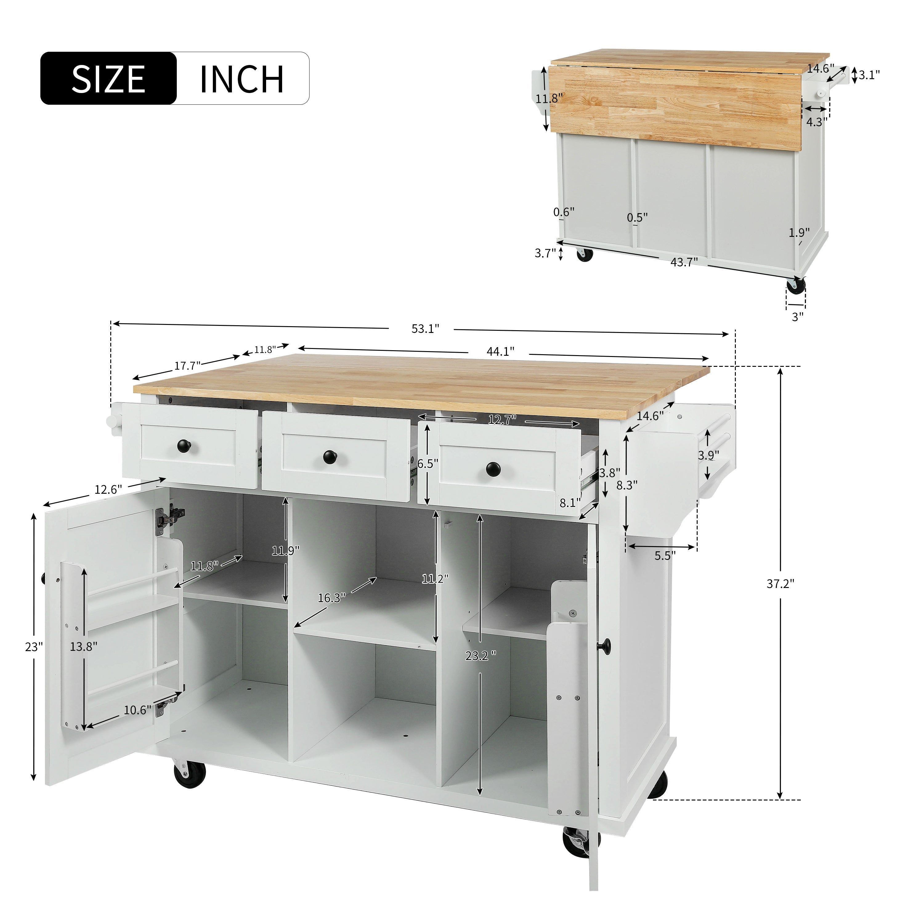 Kitchen Cart with Rubberwood Drop-Leaf Countertop, Cabinet Door Internal Storage Racks, Kitchen Island on 5 Wheels with Storage Cabinet and 3 Drawers for Dining Room - White | Functional and Stylish Addition to Your Dining Space