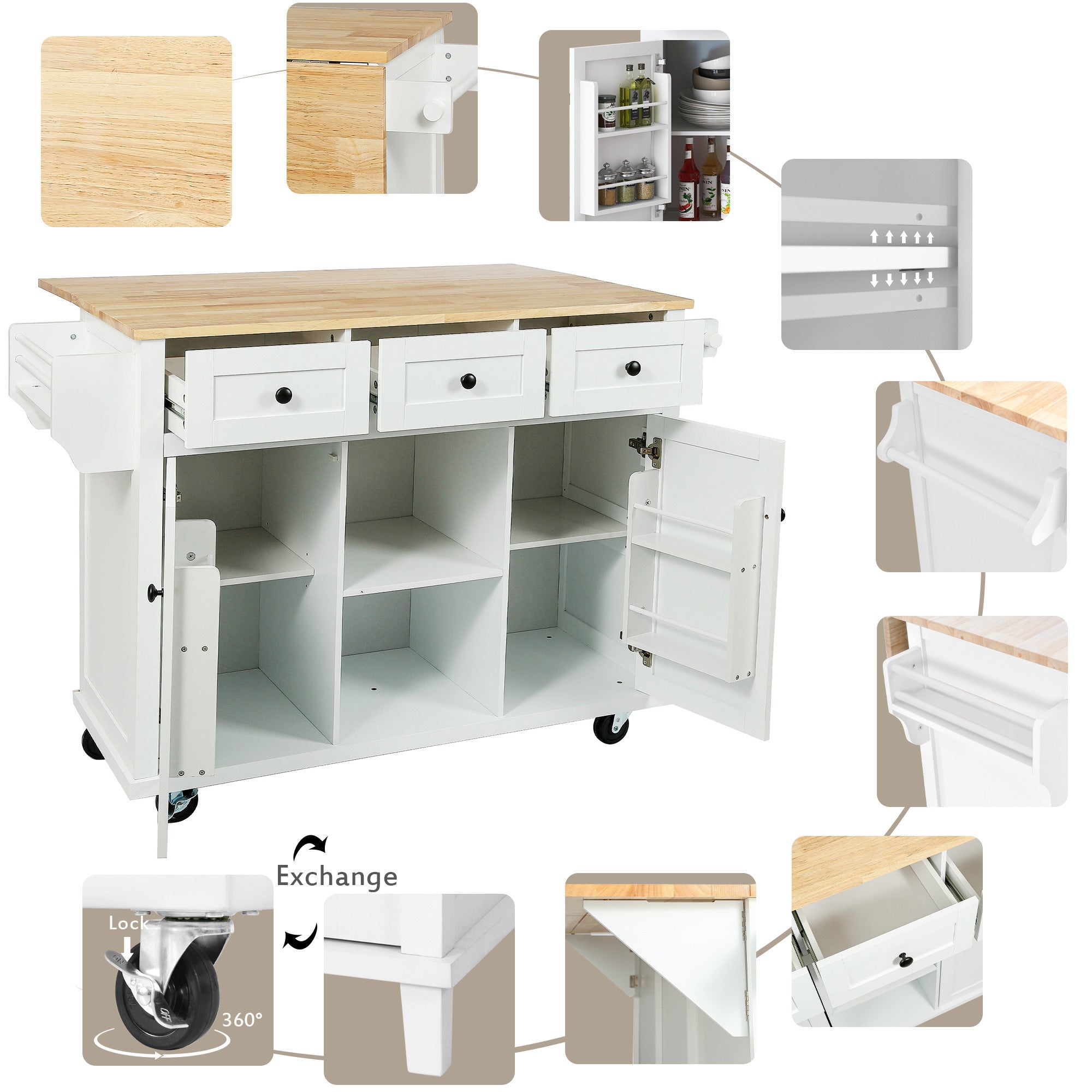 Kitchen Cart with Rubberwood Drop-Leaf Countertop, Cabinet Door Internal Storage Racks, Kitchen Island on 5 Wheels with Storage Cabinet and 3 Drawers for Dining Room - White | Functional and Stylish Addition to Your Dining Space