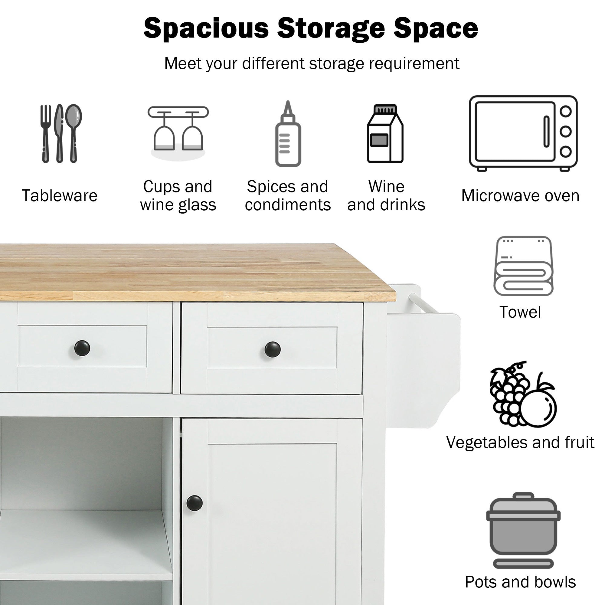 Kitchen Cart with Rubberwood Drop-Leaf Countertop, Cabinet Door Internal Storage Racks, Kitchen Island on 5 Wheels with Storage Cabinet and 3 Drawers for Dining Room - White | Functional and Stylish Addition to Your Dining Space