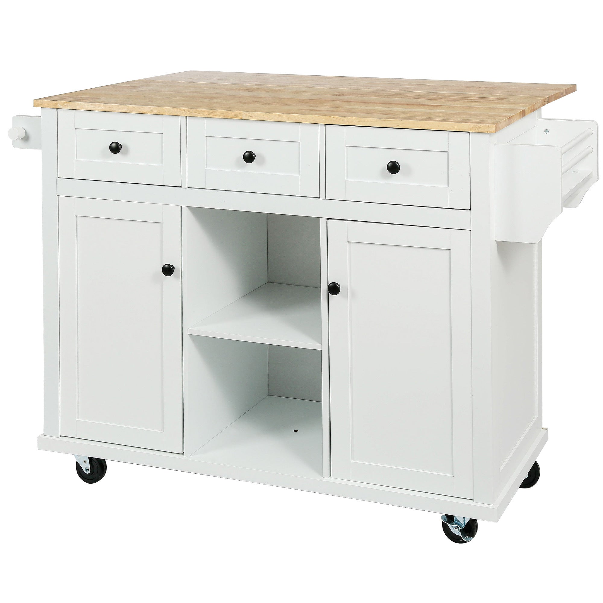 Kitchen Cart with Rubberwood Drop-Leaf Countertop, Cabinet Door Internal Storage Racks, Kitchen Island on 5 Wheels with Storage Cabinet and 3 Drawers for Dining Room - White | Functional and Stylish Addition to Your Dining Space