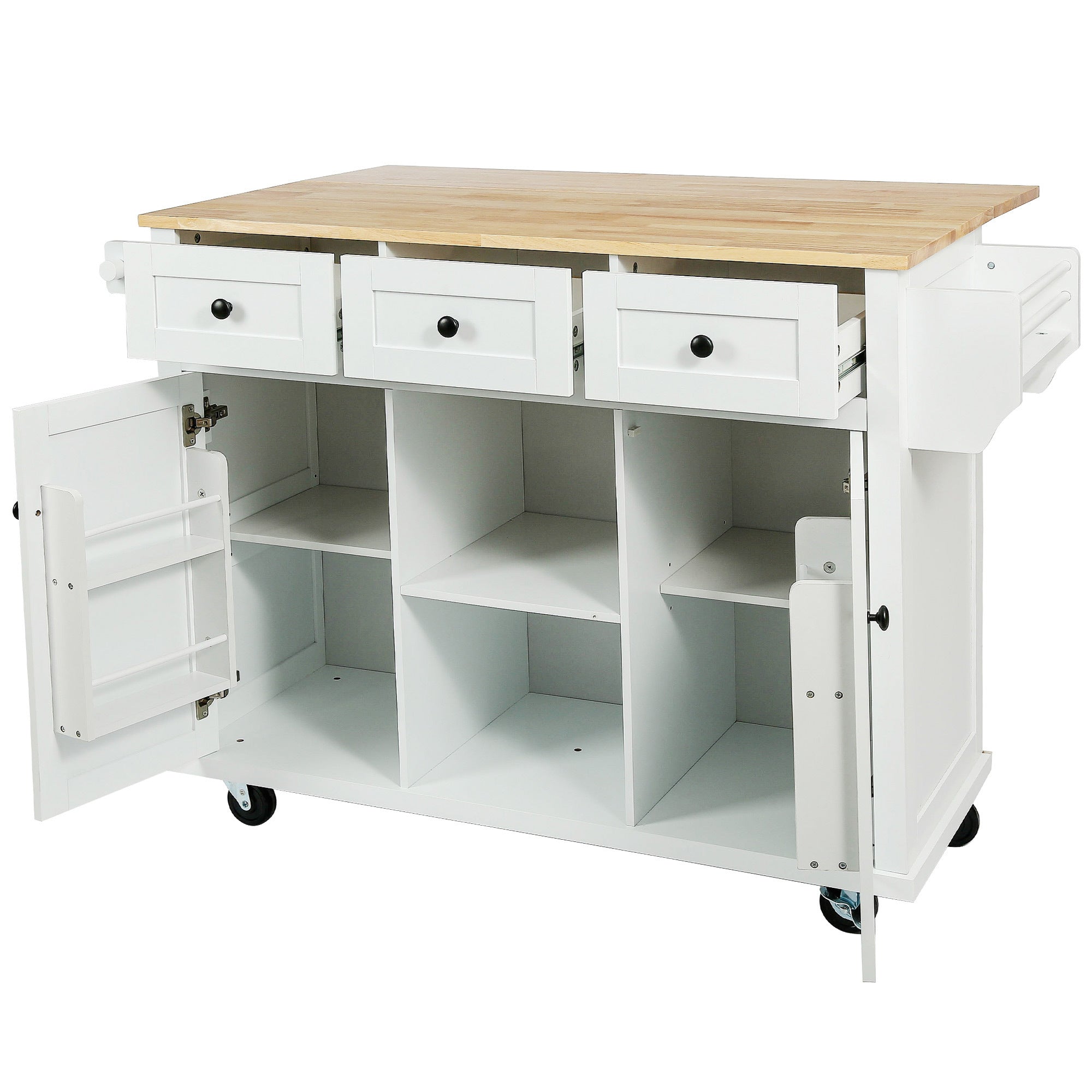 Kitchen Cart with Rubberwood Drop-Leaf Countertop, Cabinet Door Internal Storage Racks, Kitchen Island on 5 Wheels with Storage Cabinet and 3 Drawers for Dining Room - White | Functional and Stylish Addition to Your Dining Space