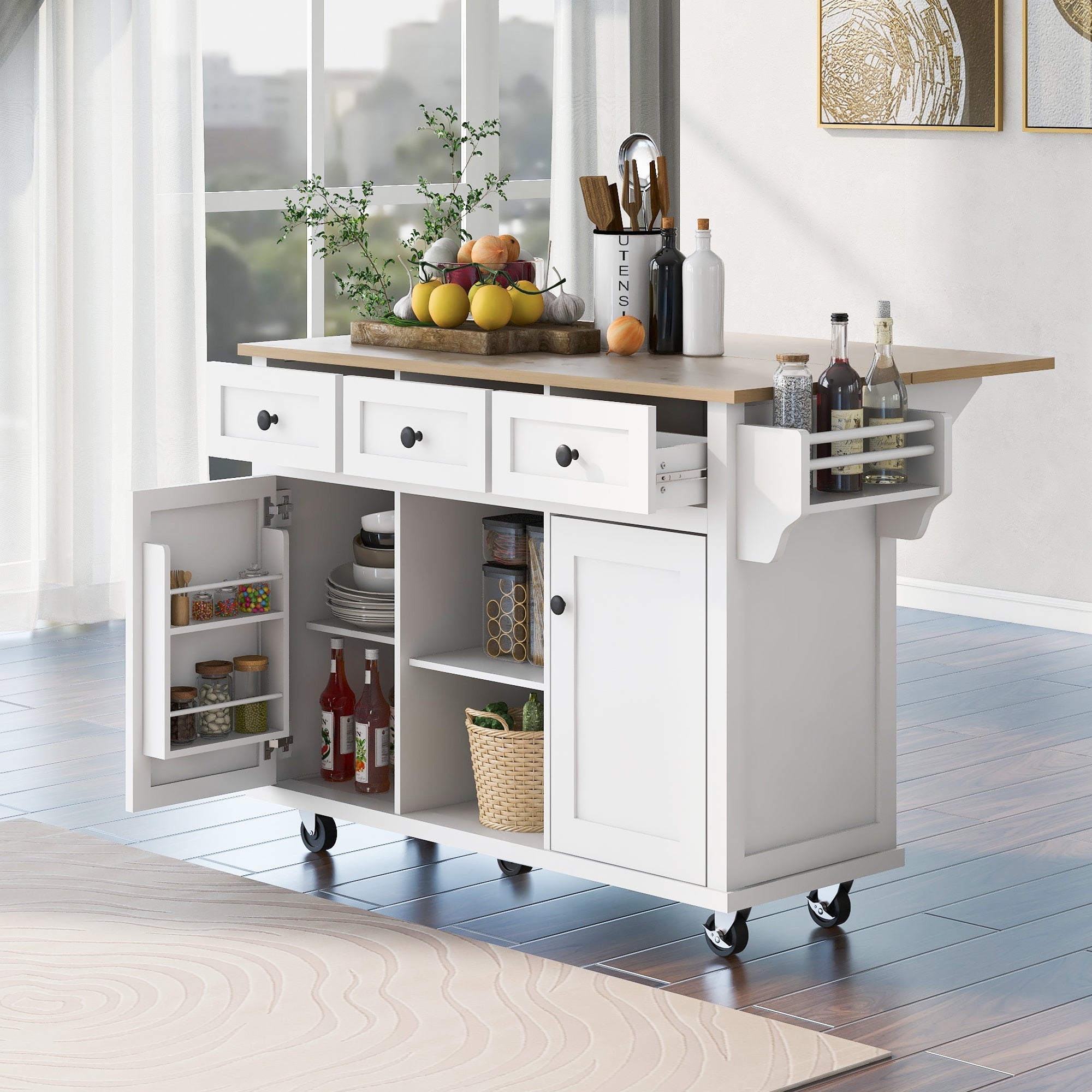 Kitchen Cart with Rubberwood Drop-Leaf Countertop, Cabinet Door Internal Storage Racks, Kitchen Island on 5 Wheels with Storage Cabinet and 3 Drawers for Dining Room - White | Functional and Stylish Addition to Your Dining Space