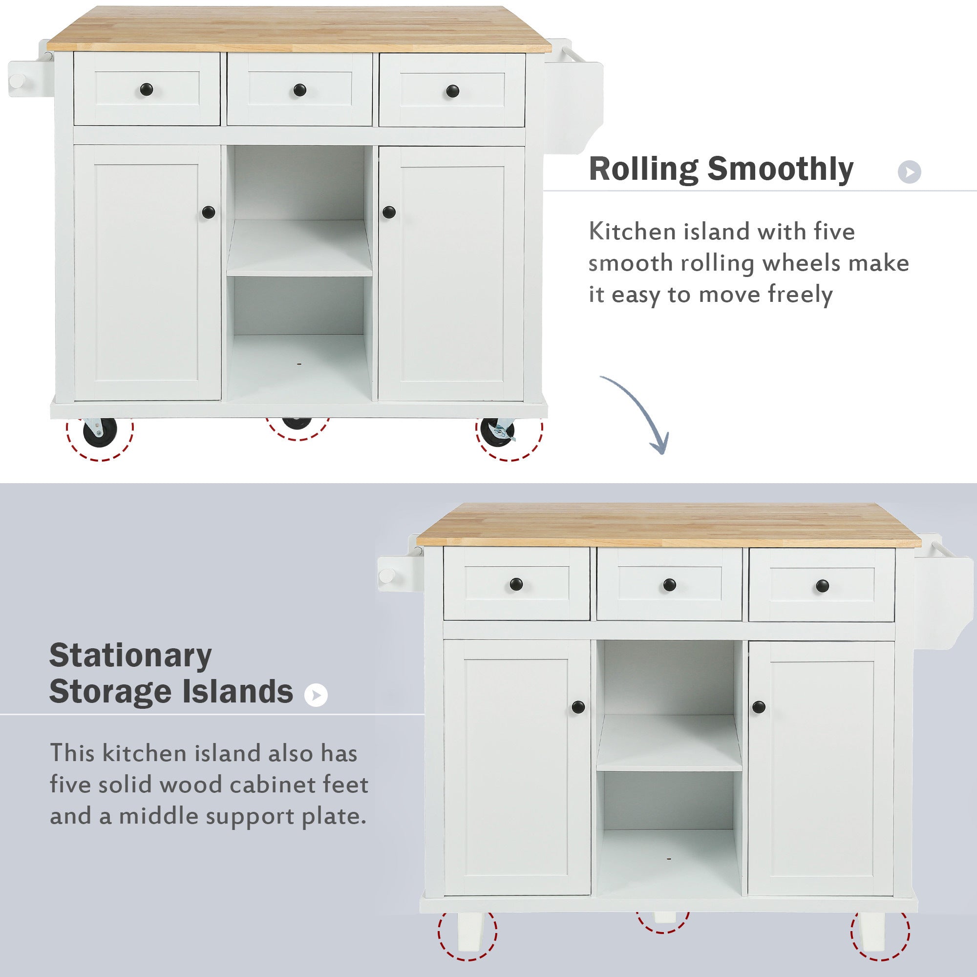 Kitchen Cart with Rubberwood Drop-Leaf Countertop, Cabinet Door Internal Storage Racks, Kitchen Island on 5 Wheels with Storage Cabinet and 3 Drawers for Dining Room - White | Functional and Stylish Addition to Your Dining Space