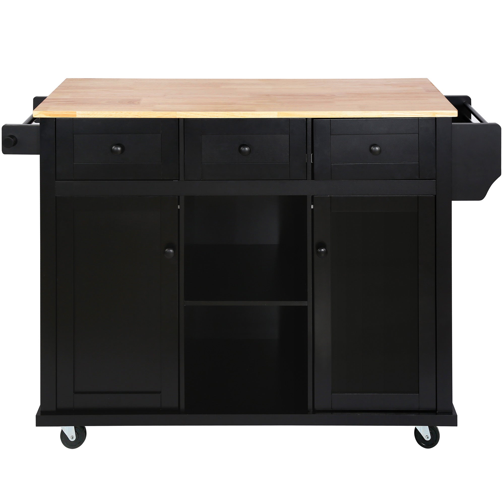 Kitchen Island Cart w/ Rubberwood Drop-Leaf & Storage Black