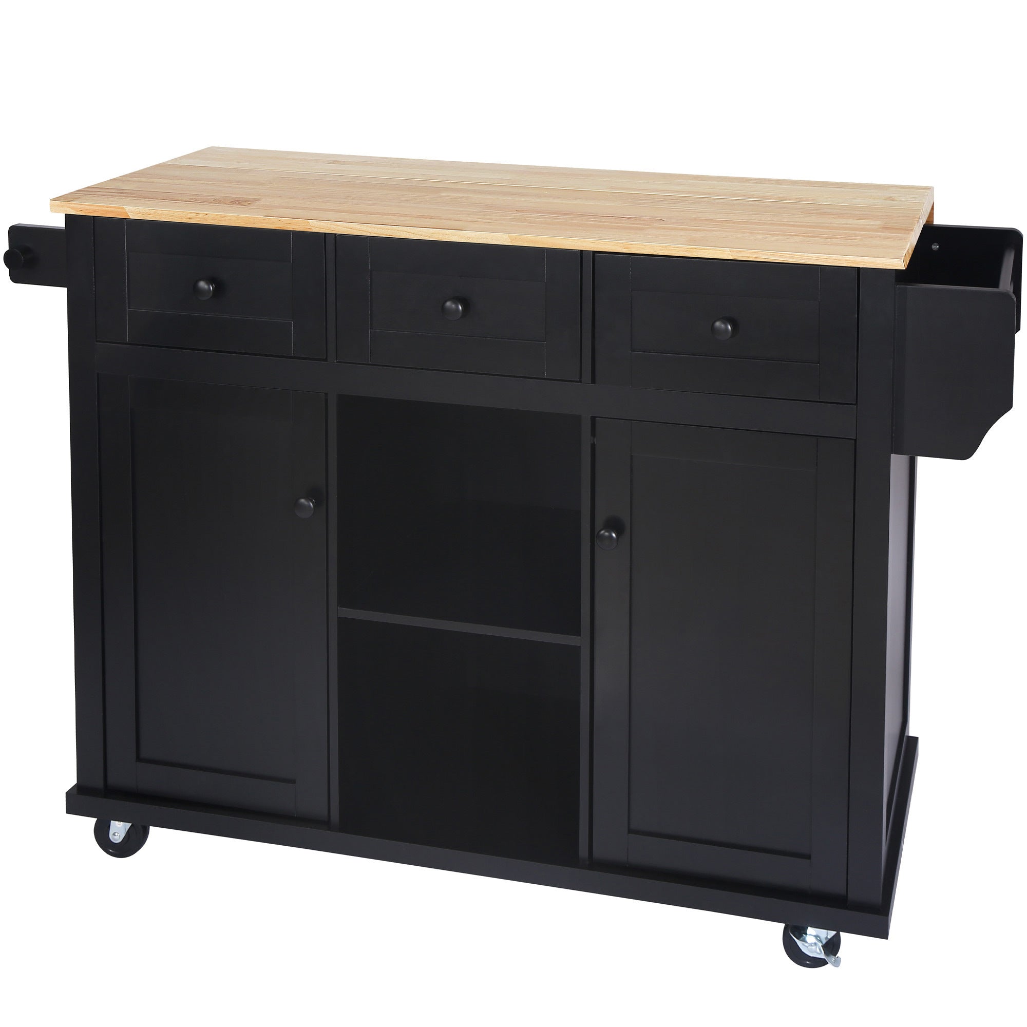 Kitchen Island Cart w/ Rubberwood Drop-Leaf & Storage Black