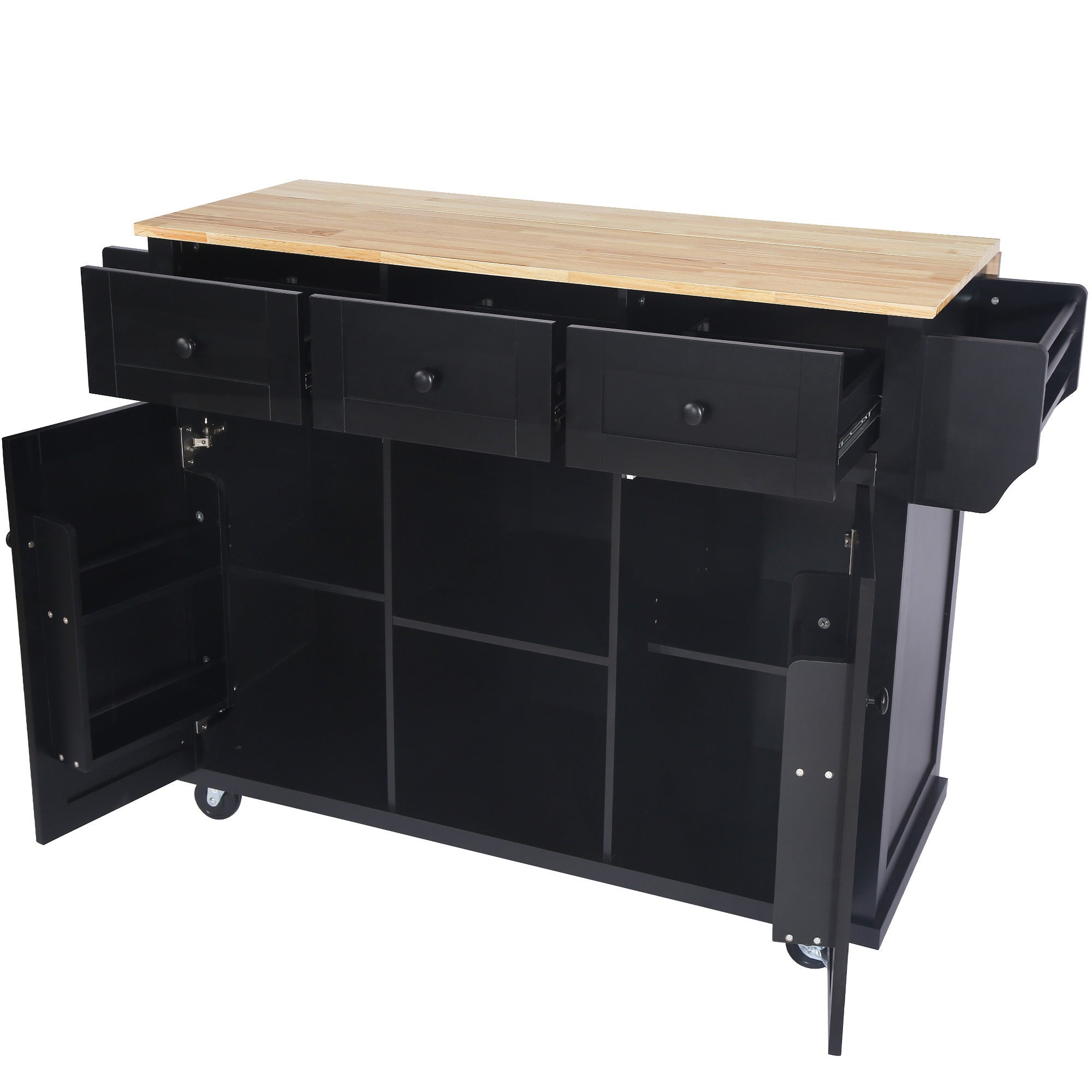 Kitchen Island Cart w/ Rubberwood Drop-Leaf & Storage Black