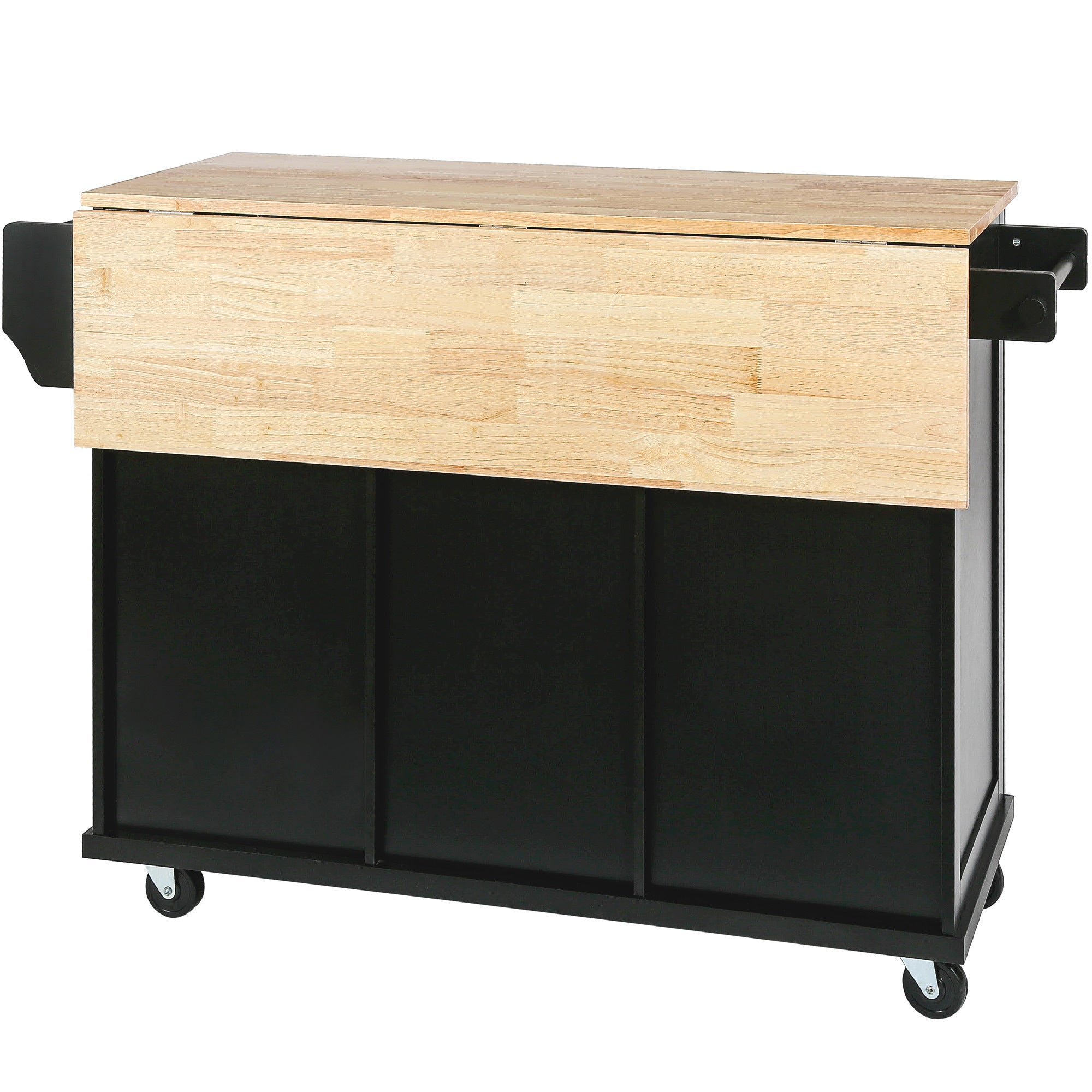 Kitchen Island Cart w/ Rubberwood Drop-Leaf & Storage Black