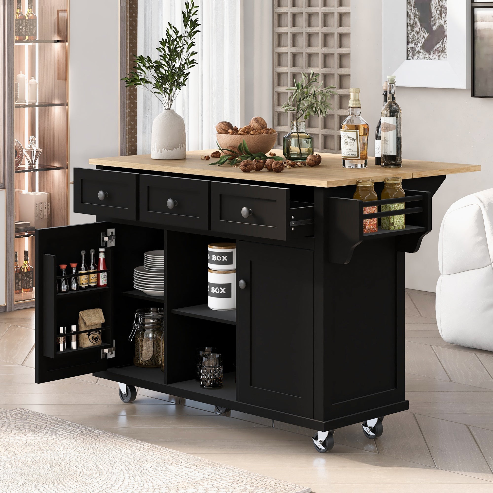 Kitchen Island Cart w/ Rubberwood Drop-Leaf & Storage Black