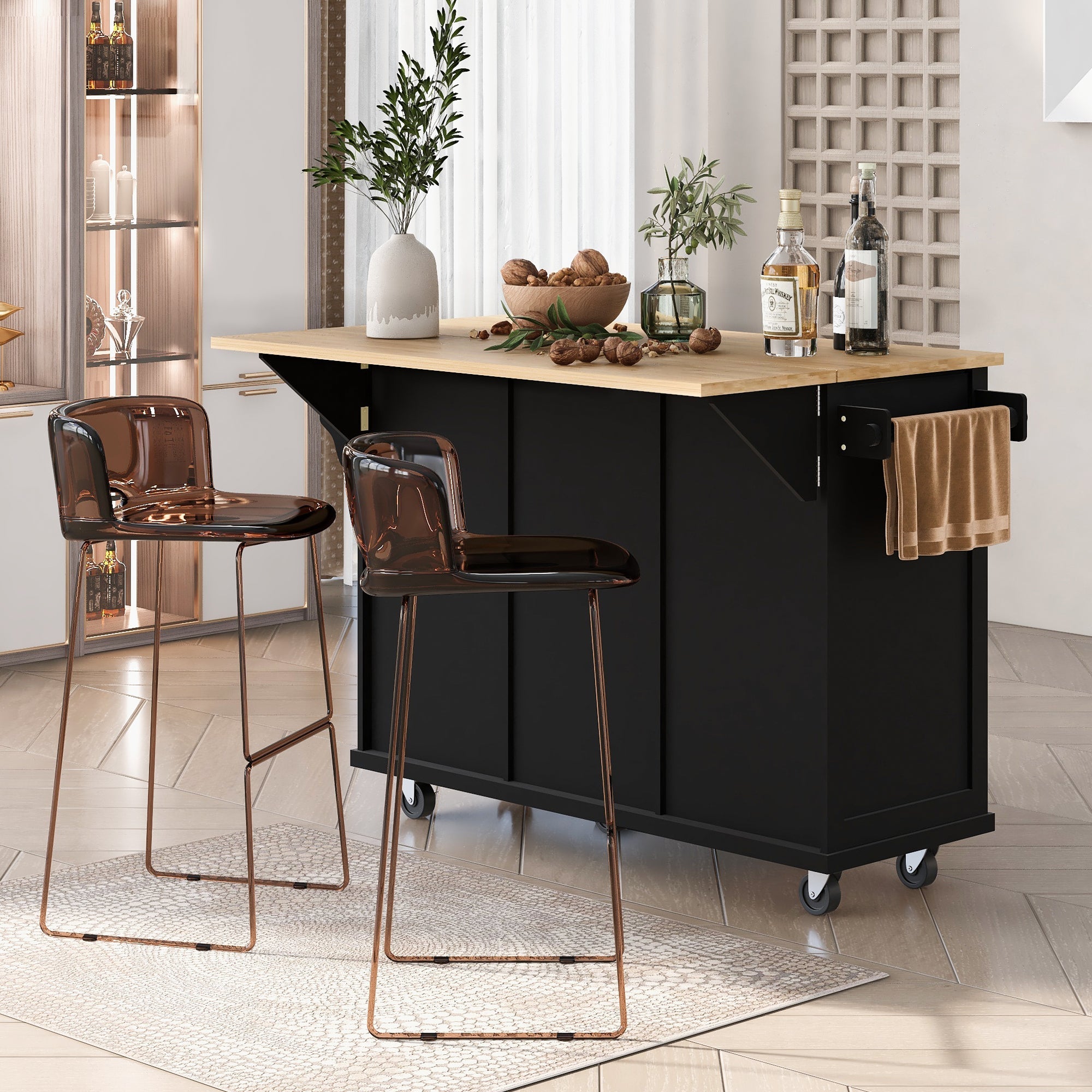 Kitchen Island Cart w/ Rubberwood Drop-Leaf & Storage Black