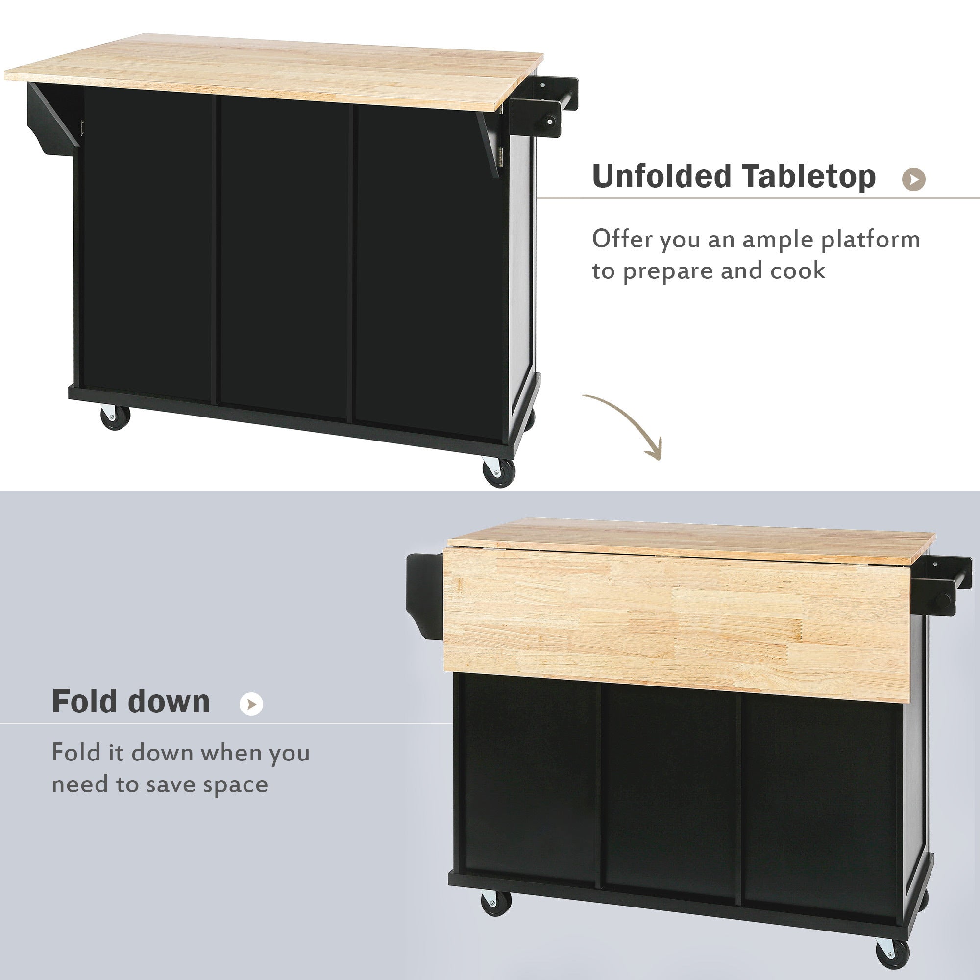 Kitchen Island Cart w/ Rubberwood Drop-Leaf & Storage Black