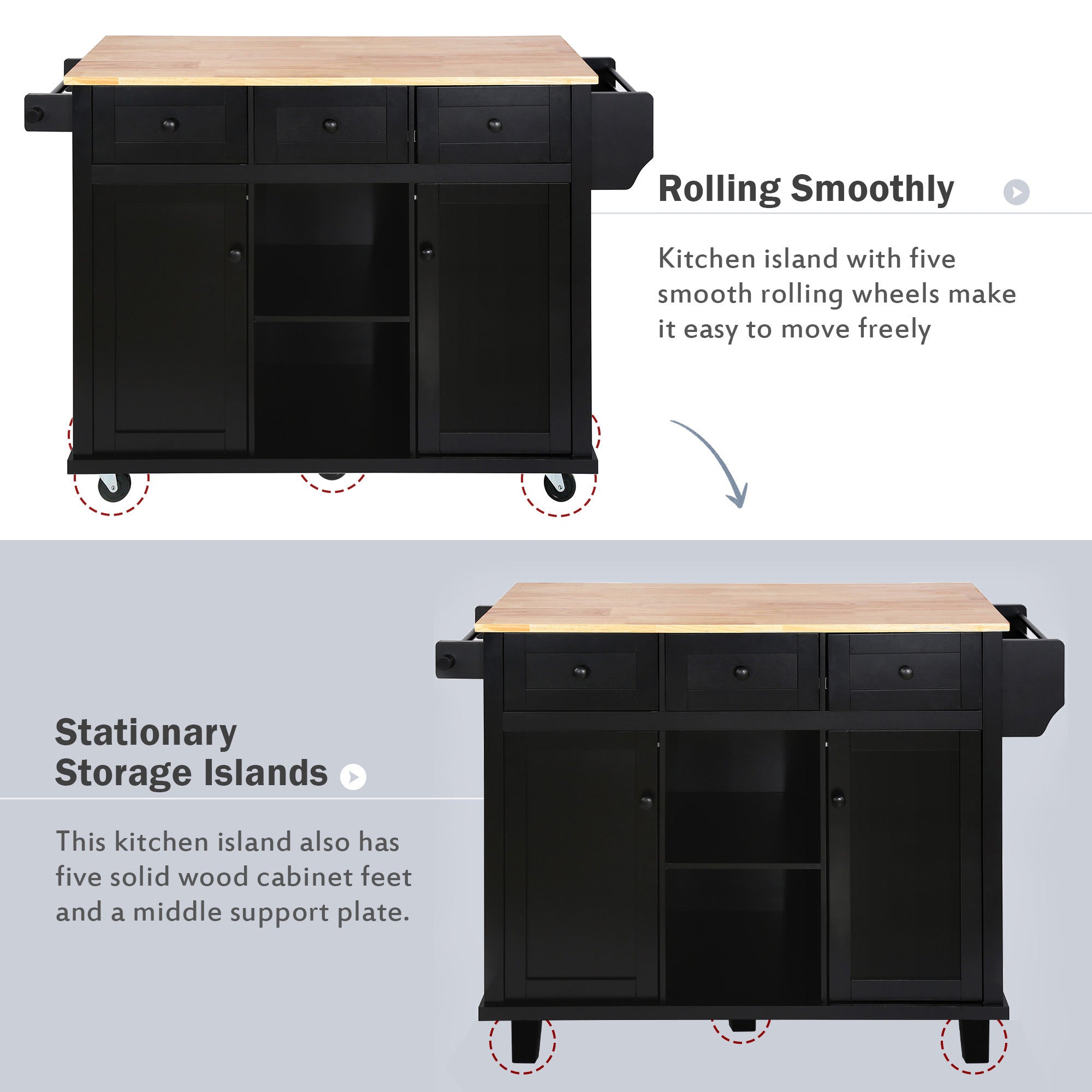 Kitchen Island Cart w/ Rubberwood Drop-Leaf & Storage Black