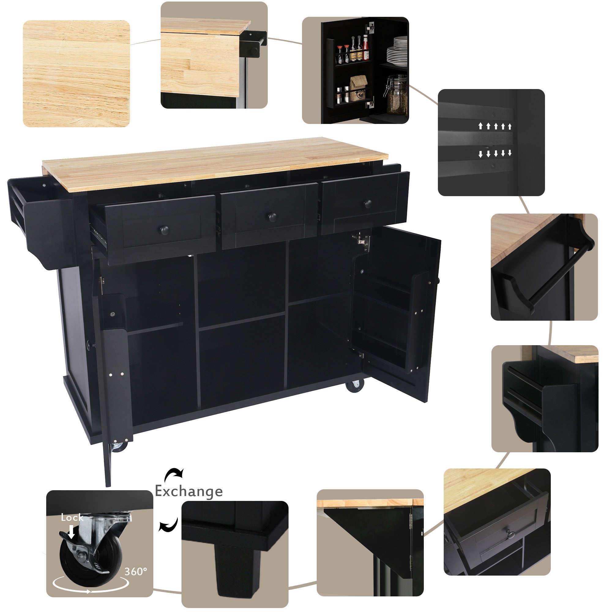 Kitchen Island Cart w/ Rubberwood Drop-Leaf & Storage Black