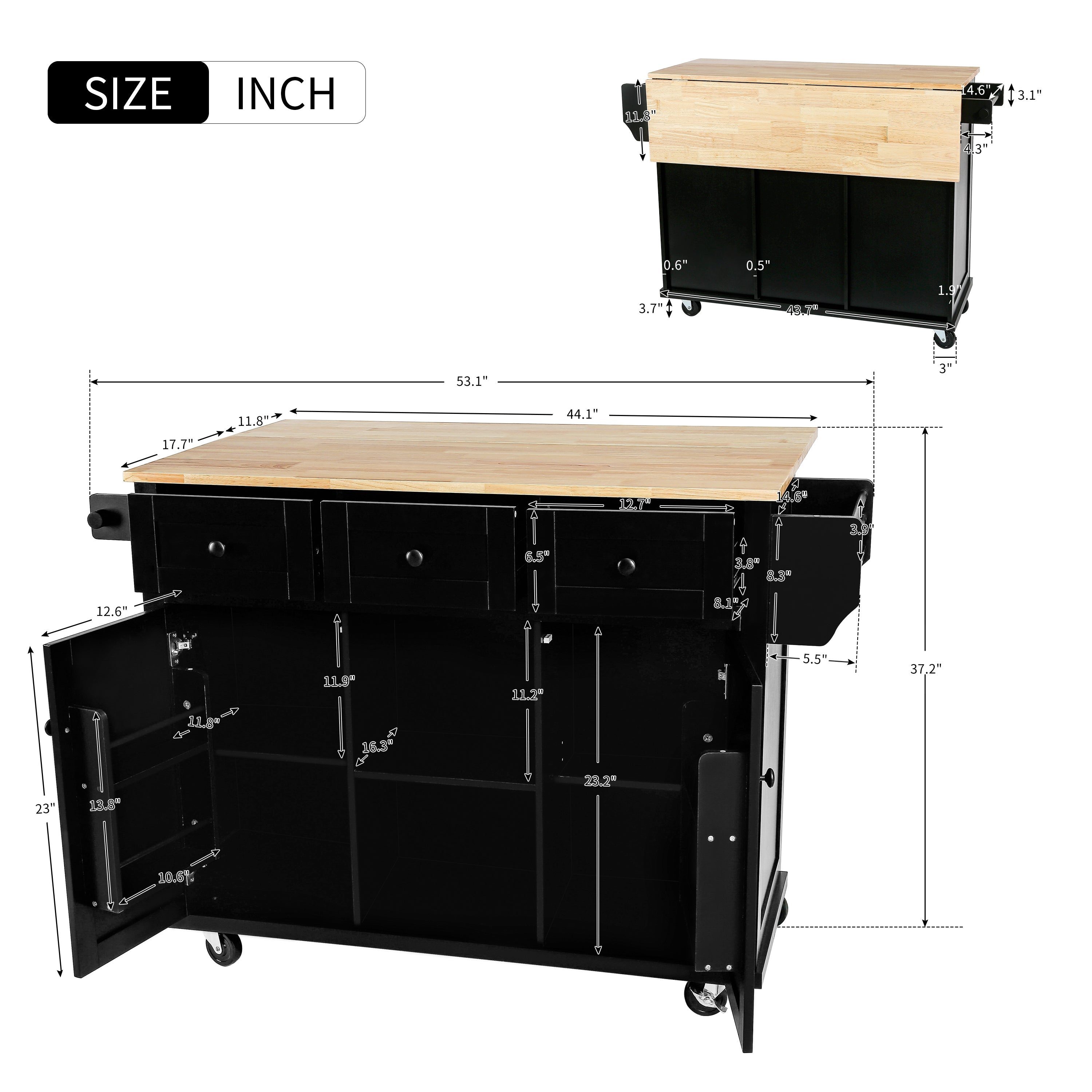 Kitchen Island Cart w/ Rubberwood Drop-Leaf & Storage Black