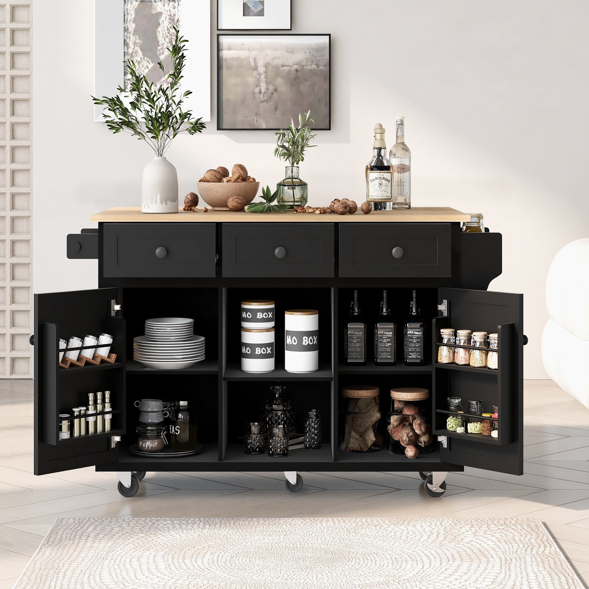 Kitchen Island Cart w/ Rubberwood Drop-Leaf & Storage Black