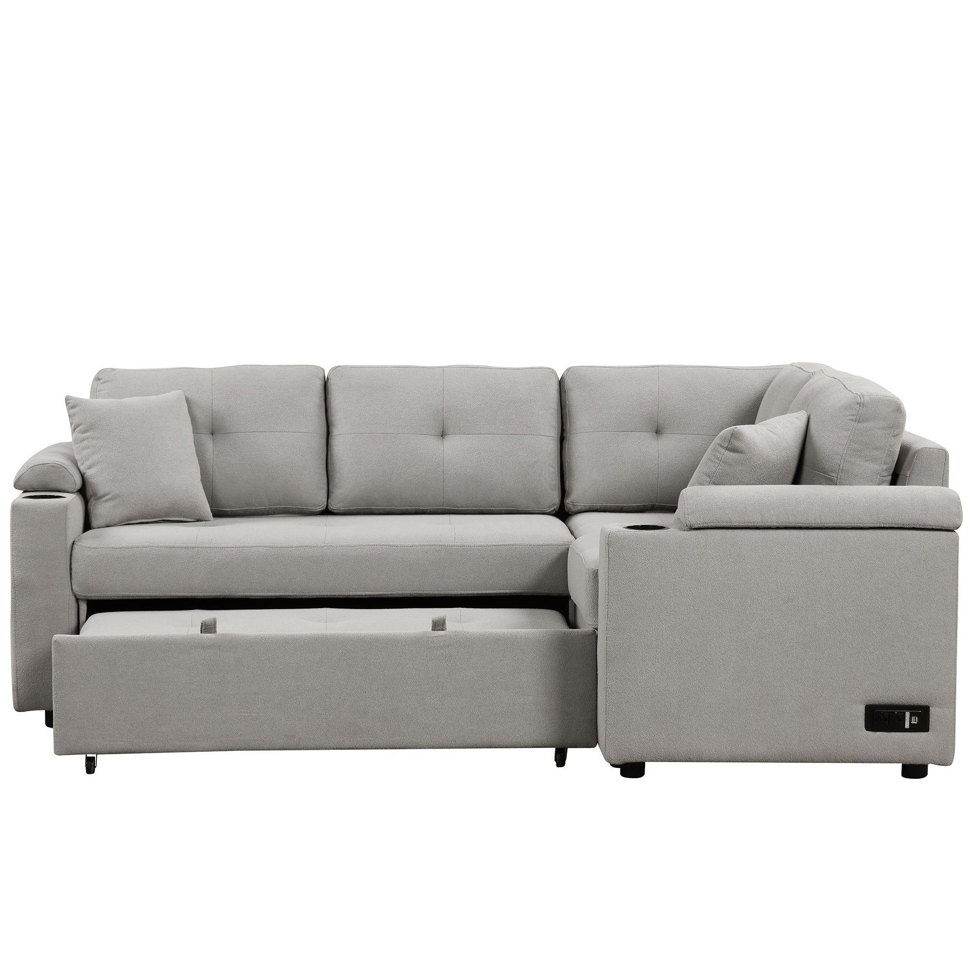 L-Shaped Boucle Sleeper Sectional Sofa - Grey with USB Ports-Sleeper Sectionals-American Furniture Outlet