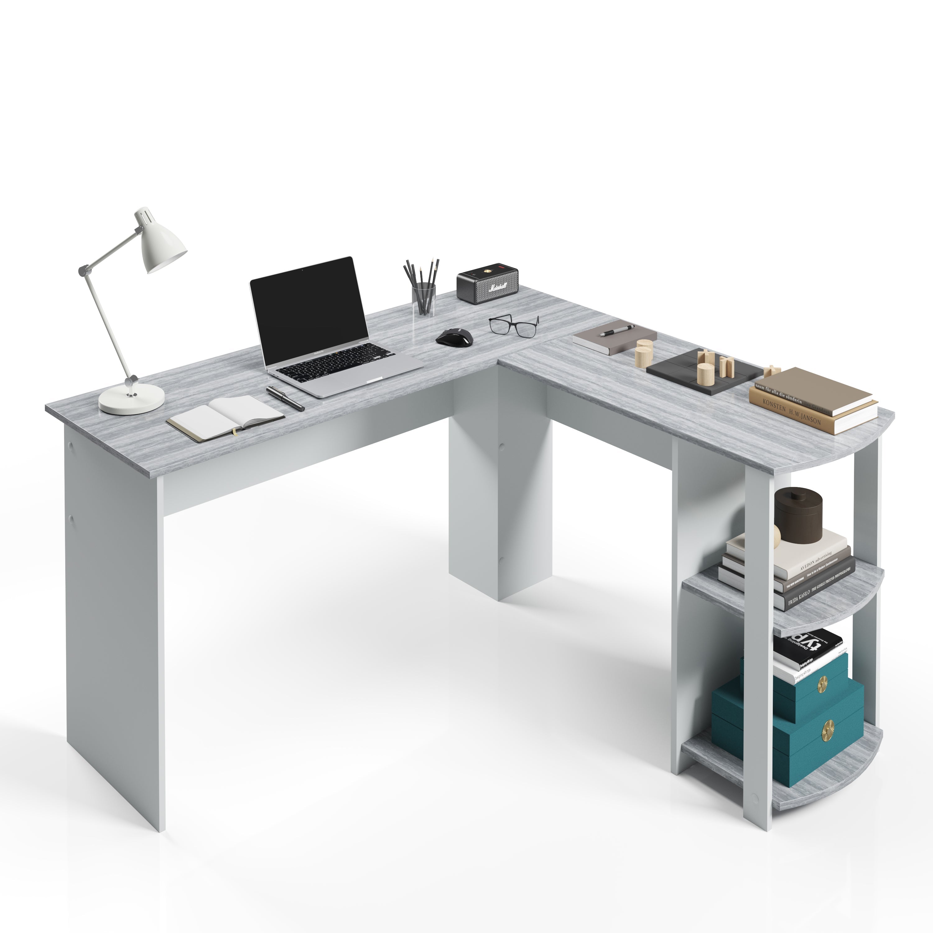 L-Shaped Desk with Shelves - Grey