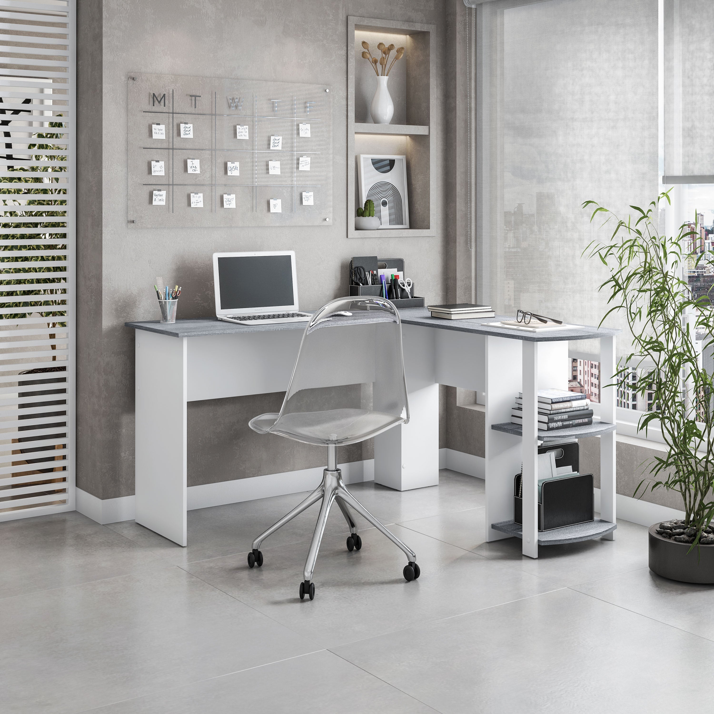 L-Shaped Desk with Shelves - Grey