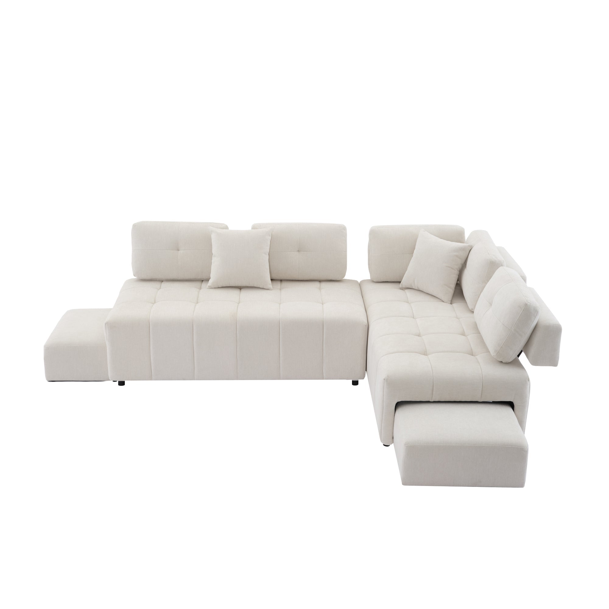 L-Shaped Sectional Sofa Couch, 91.73", Biege w/ 2 Stools & Lumbar Pillows | Living Room-Stationary Sectionals-American Furniture Outlet