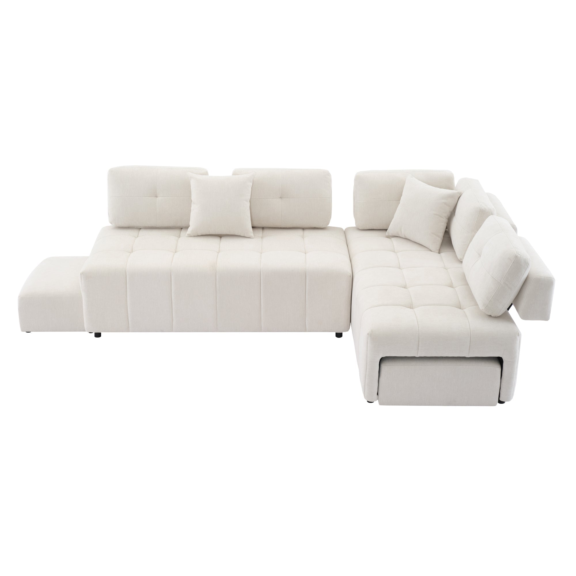 L-Shaped Sectional Sofa Couch, 91.73", Biege w/ 2 Stools & Lumbar Pillows | Living Room-Stationary Sectionals-American Furniture Outlet