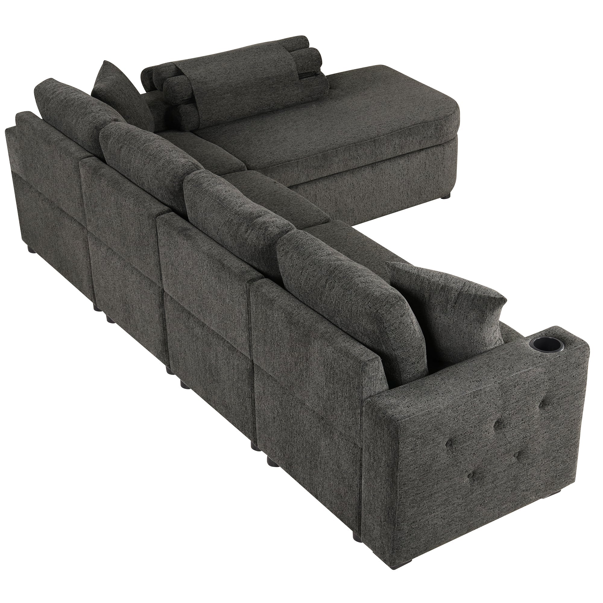 L-Shaped Sectional Sofa with Storage Chaise, Cup Holder, USB - Black-Stationary Sectionals-American Furniture Outlet