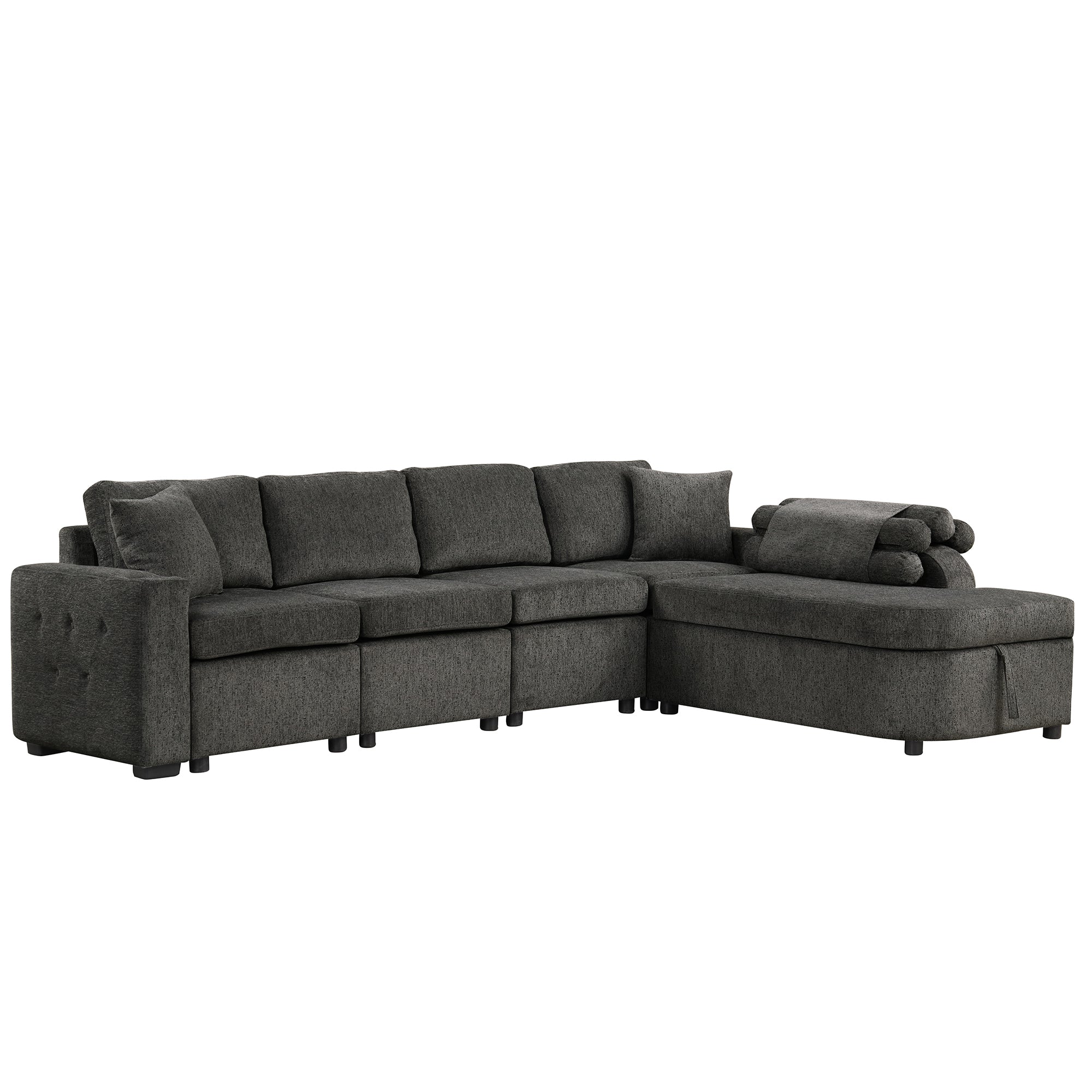 L-Shaped Sectional Sofa with Storage Chaise, Cup Holder, USB - Black-Stationary Sectionals-American Furniture Outlet