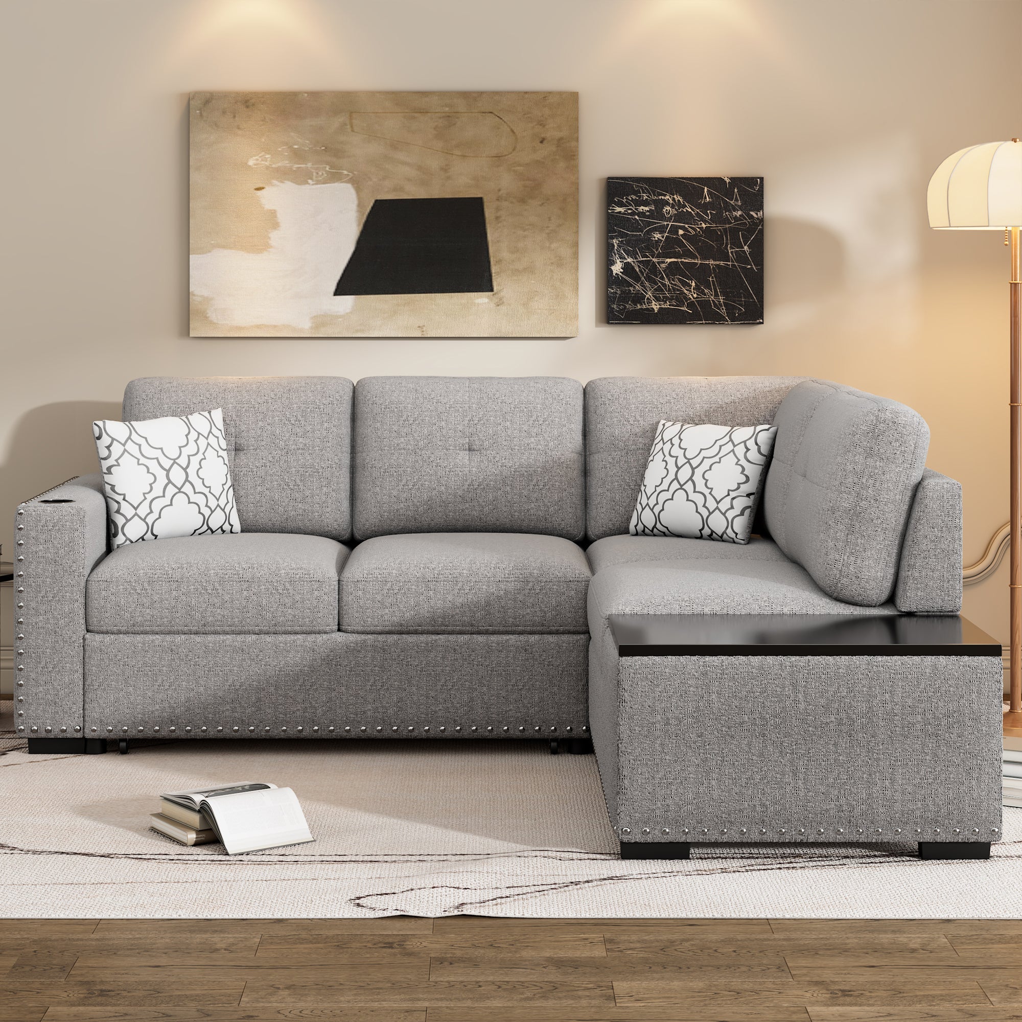 L-Shaped Sleeper Sectional Sofa - Gray Pull-Out Bed-Sleeper Sectionals-American Furniture Outlet