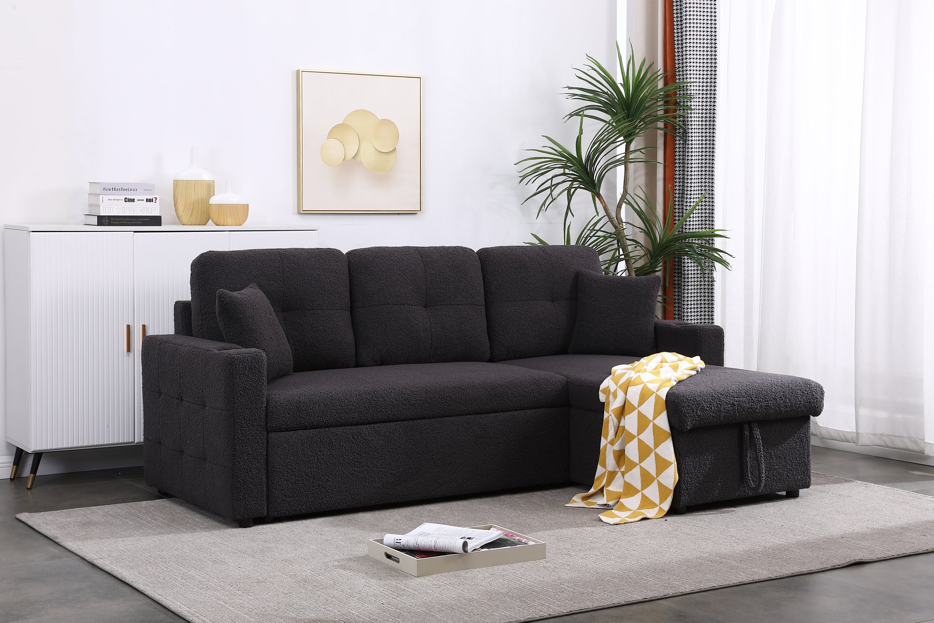 Lambswool Pull Out Sleeper Sectional Sofa with Storage Chaise-Sleeper Sectionals-American Furniture Outlet