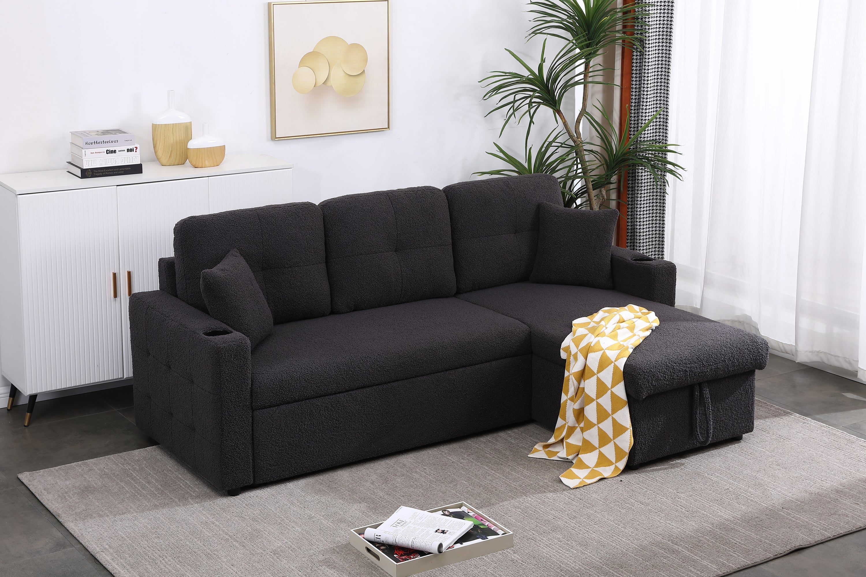 Lambswool Pull Out Sleeper Sectional Sofa with Storage Chaise-Sleeper Sectionals-American Furniture Outlet